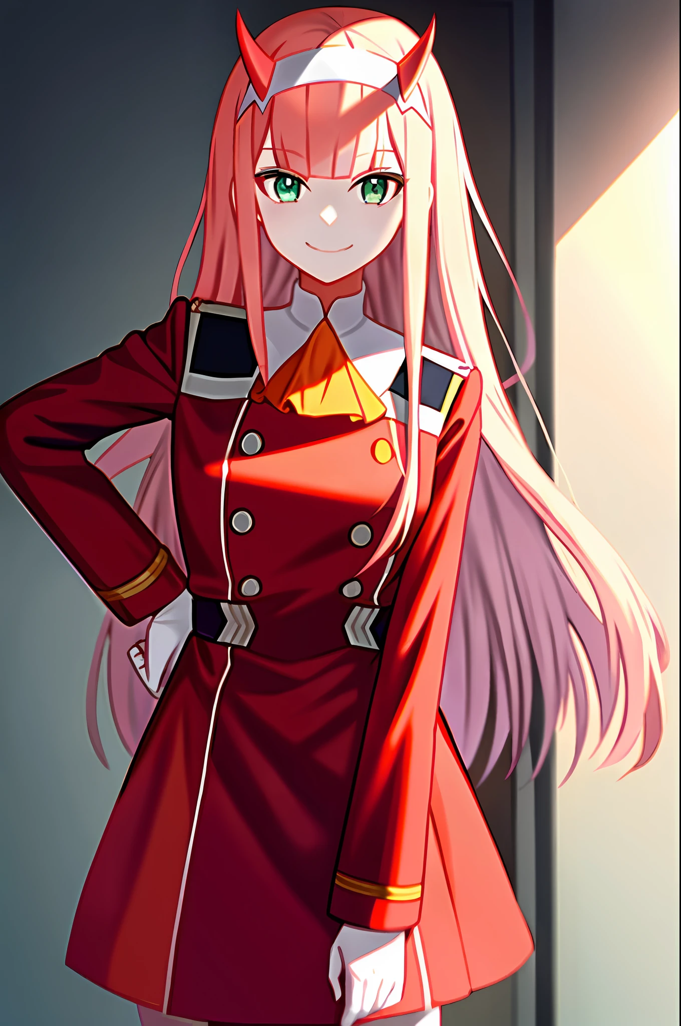 zero two \(darling in the franxx\), darling in the franxx, 1girl, ascot, bangs, simple background, indoor, green eyes, hairband, horns, long hair, long sleeves, looking at viewer, red jacket, closed jacket, military uniform, oni horns, orange ascot, pink hair, red horns, smile, solo, standing, uniform, white hairband, ((masterpiece)),
