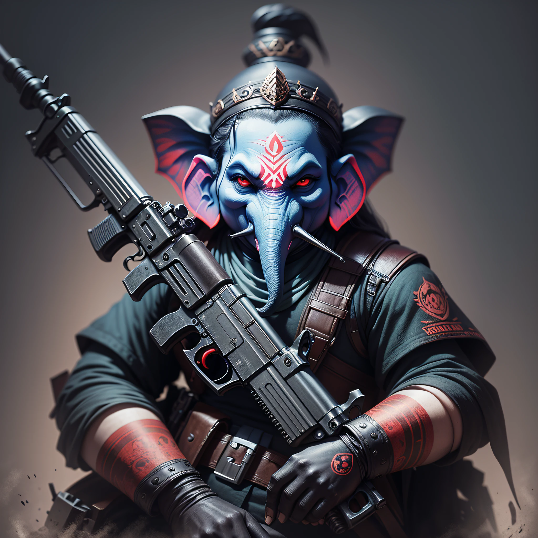 evil ganesha,using ak47,dark art,darkness,obscure,dark background,4k --auto --s2