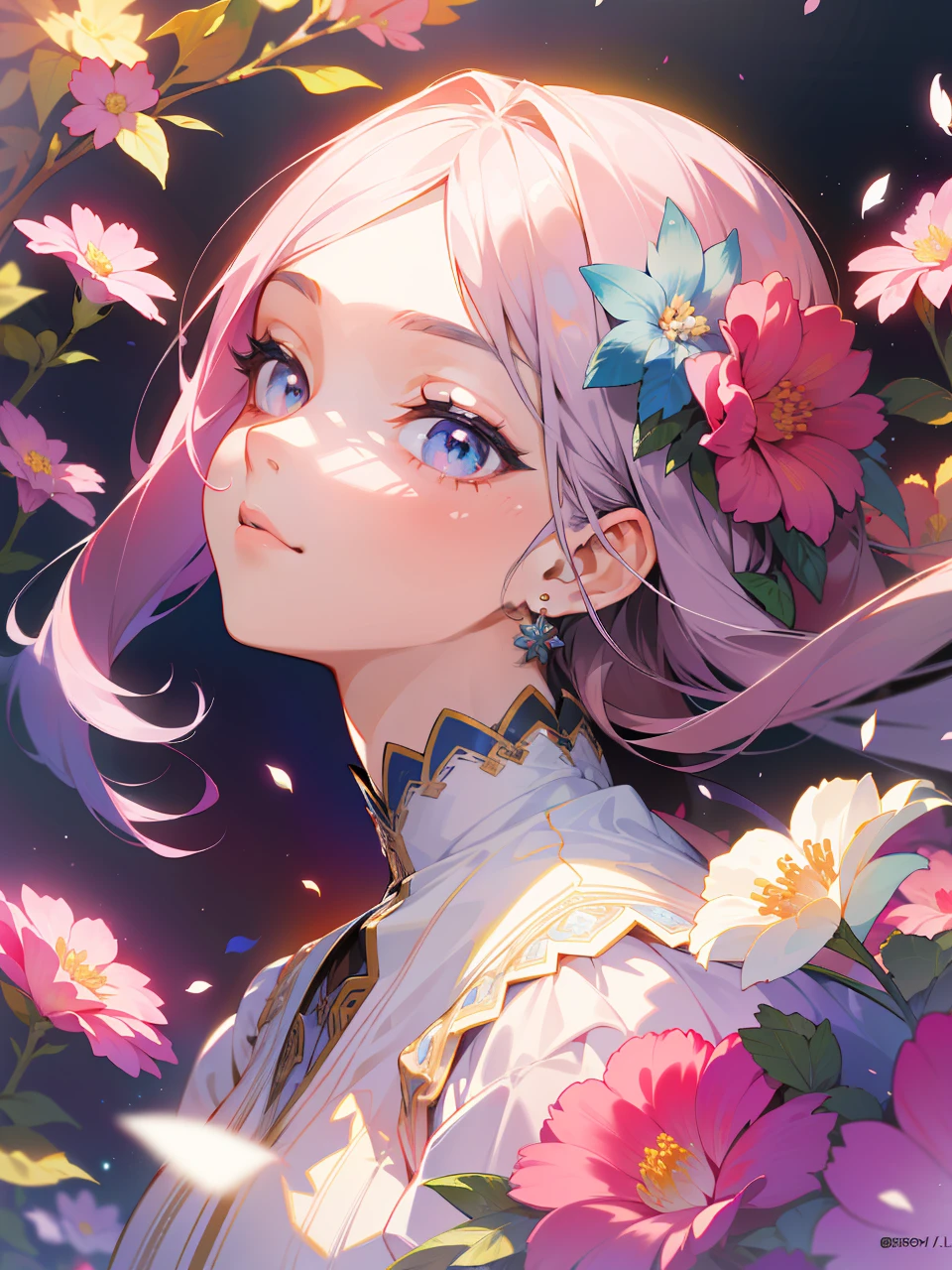 Masterpiece, high resolution, super detailed, 1 girl, solo, highly detailed eyes, (official art, beautiful and aesthetic: 1.2), (fractal art: 1.3), colorful, (lots of flower effects: 1.4), lots of petals, beautiful light
