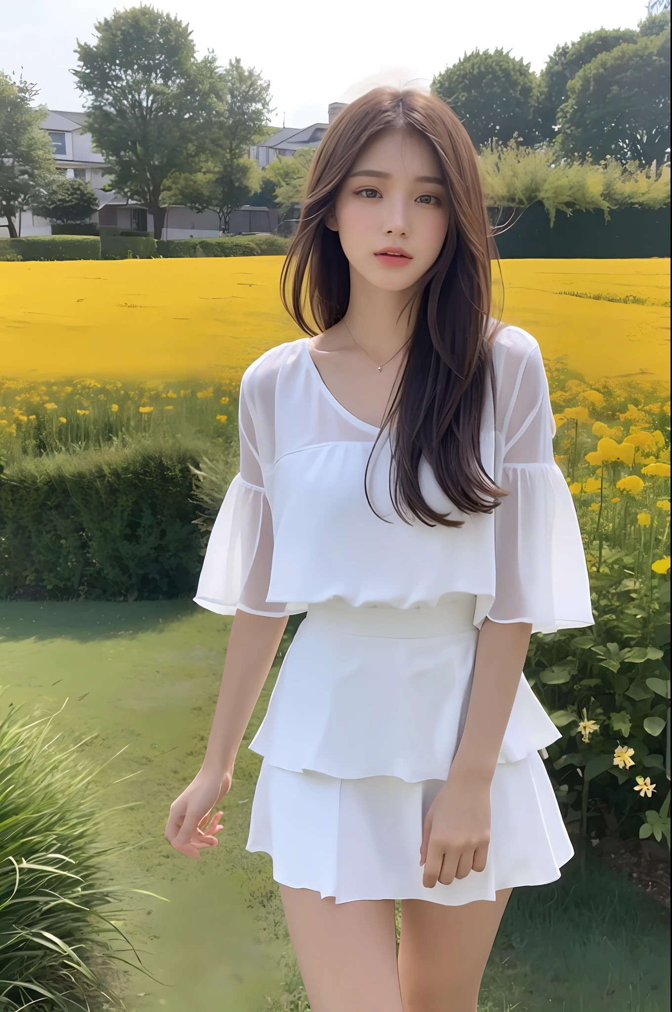 ((Best Quality, 8K, Masterpiece: 1.3)), Focus: 1.2, (Cinema Filter: 1.3), ((Layered Haircut: 1.2)), , (In the Flower Field: 1.3), Realistic face and skin texture, Full body, detailed eyes, Double eyelids, long hair, (round face: 1.5), (White skirt: 1.6), Show legs,