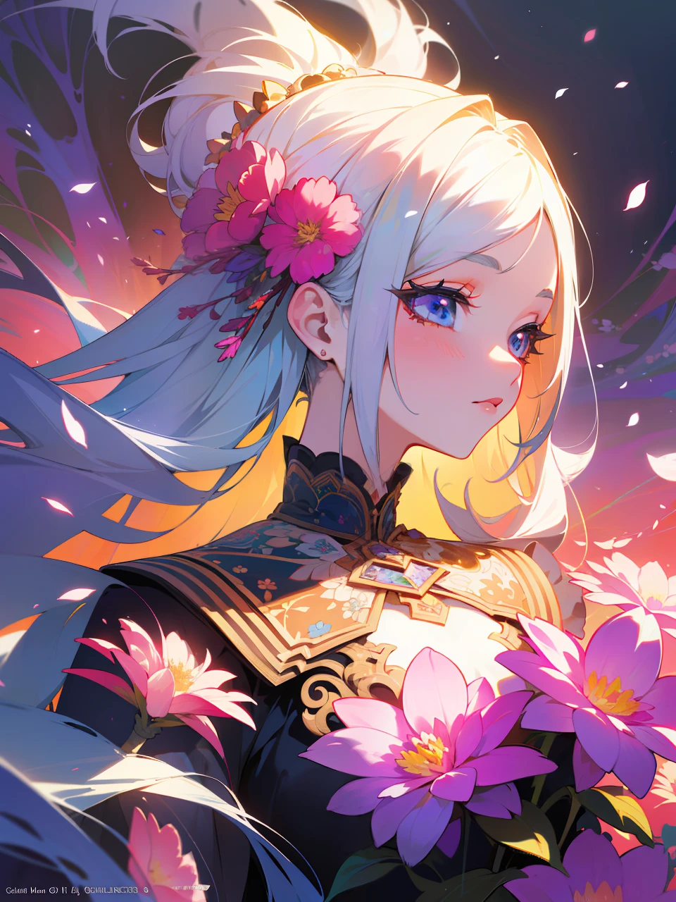 Masterpiece, high resolution, super detailed, 1 girl, solo, highly detailed eyes, (official art, beautiful and aesthetic: 1.2), (fractal art: 1.3), colorful, (lots of flower effects: 1.4), lots of petals, beautiful light