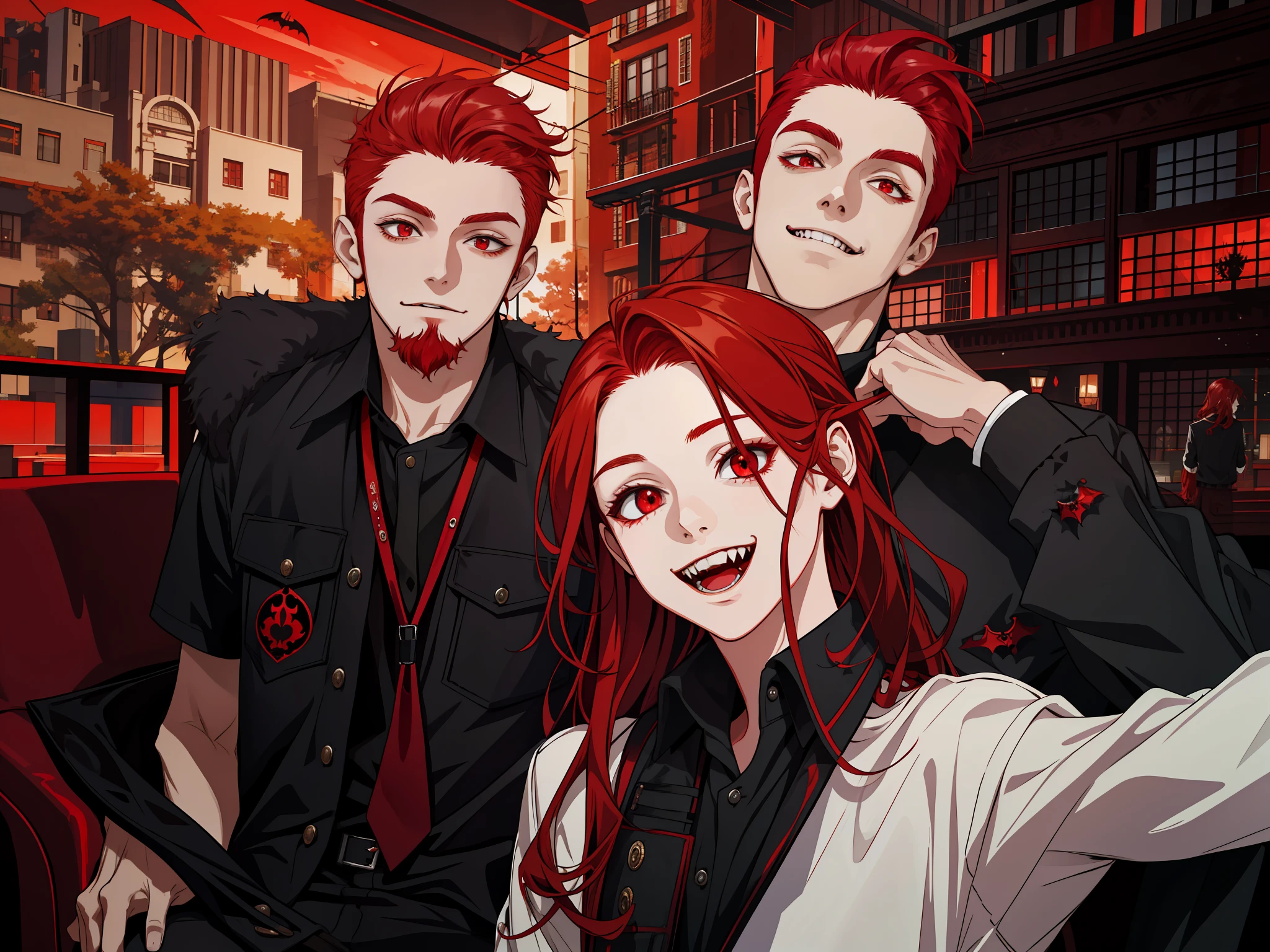 masterpiece, best quality, highres, 1girl, solo, modern vampire, red hair girl, long hair, open hair, red eyes, evil smile, 2 young boys on her both sides, both vampires with red hair, red and black outfit, scary background, night