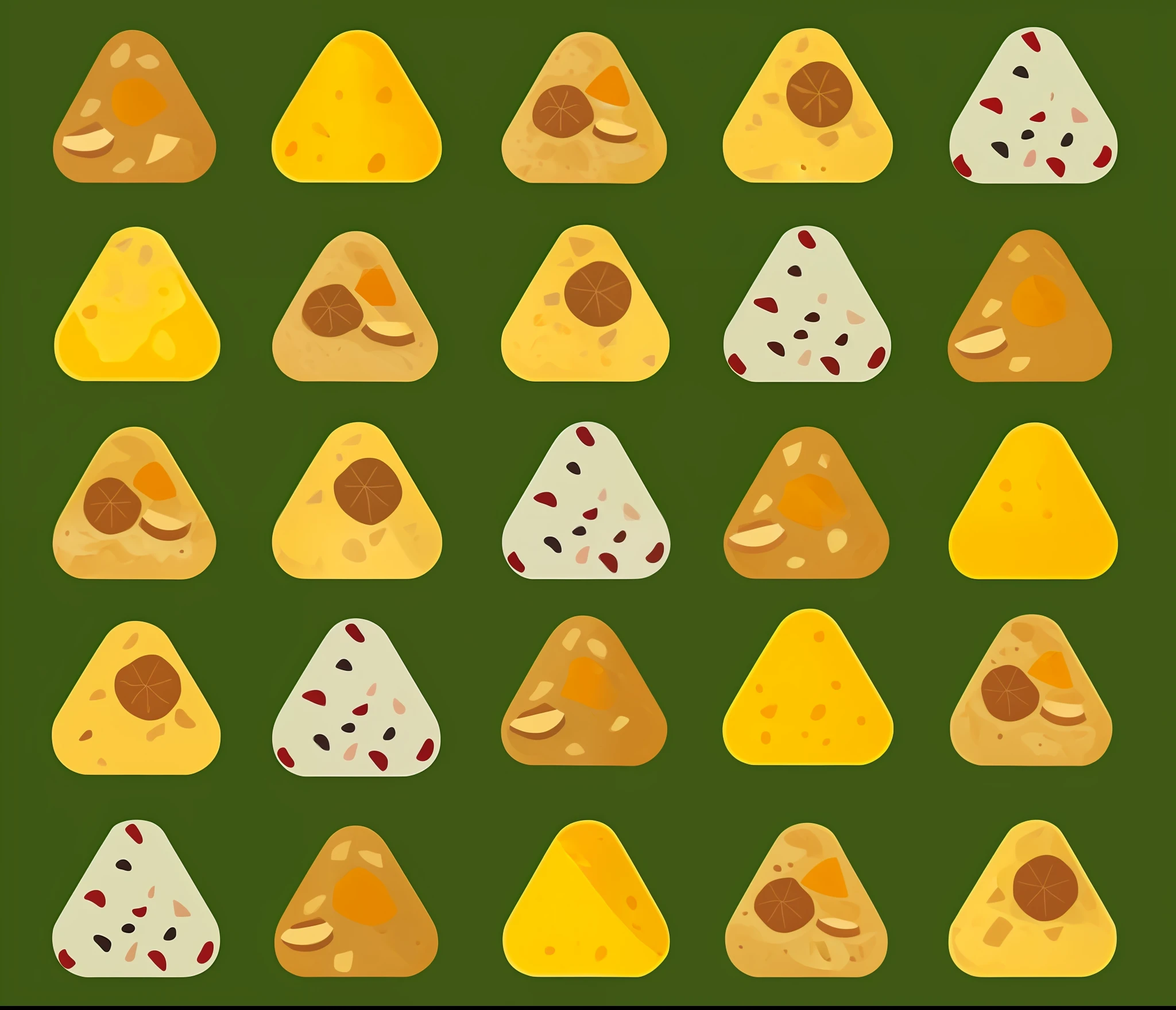 a close up of a bunch of different types of cheese, 🐿🍸🍋, food particles, 🥥 🍕 hybrid, flat, triangles, triforce, けもの, pi - slices, cell animation, spongy, flat triangles, many holes, cell shading. ( rb 6 s, nachos, bread type pokemon, chips
