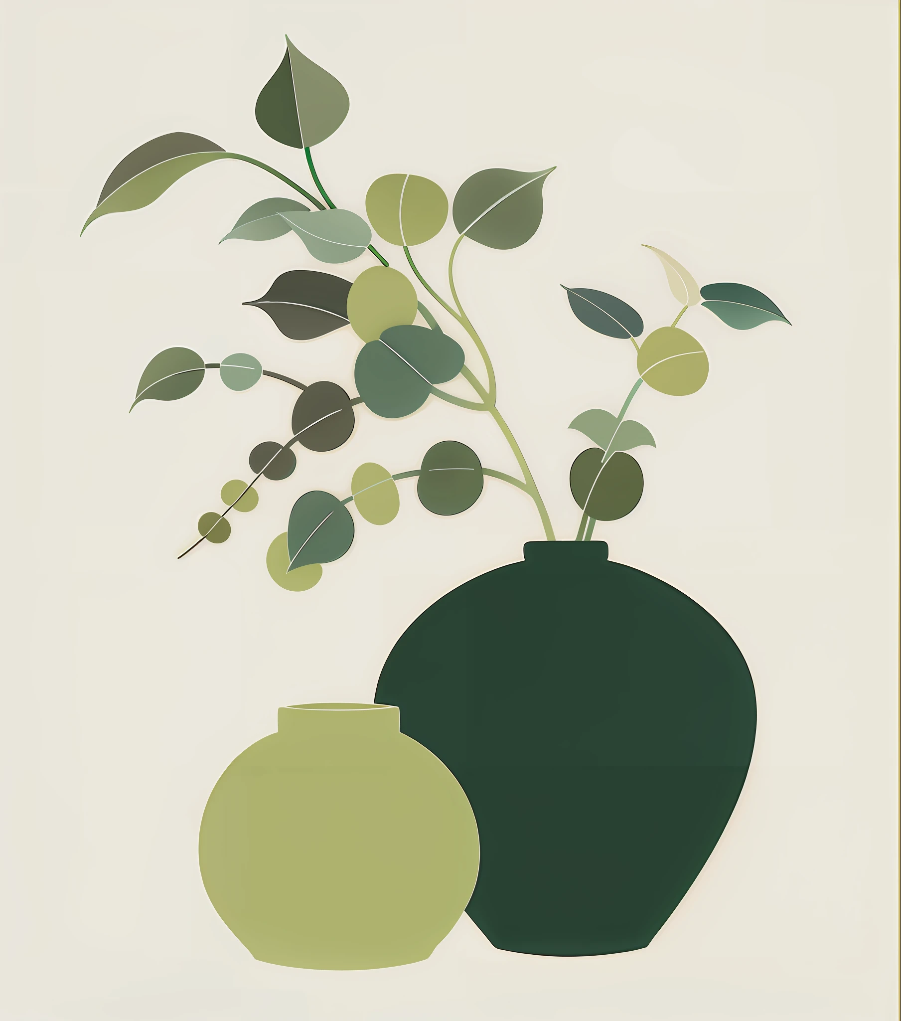 Vase and green leaves, minimalist illustration, simple shapes, minimalist art style, flat colors, minimalist composition,