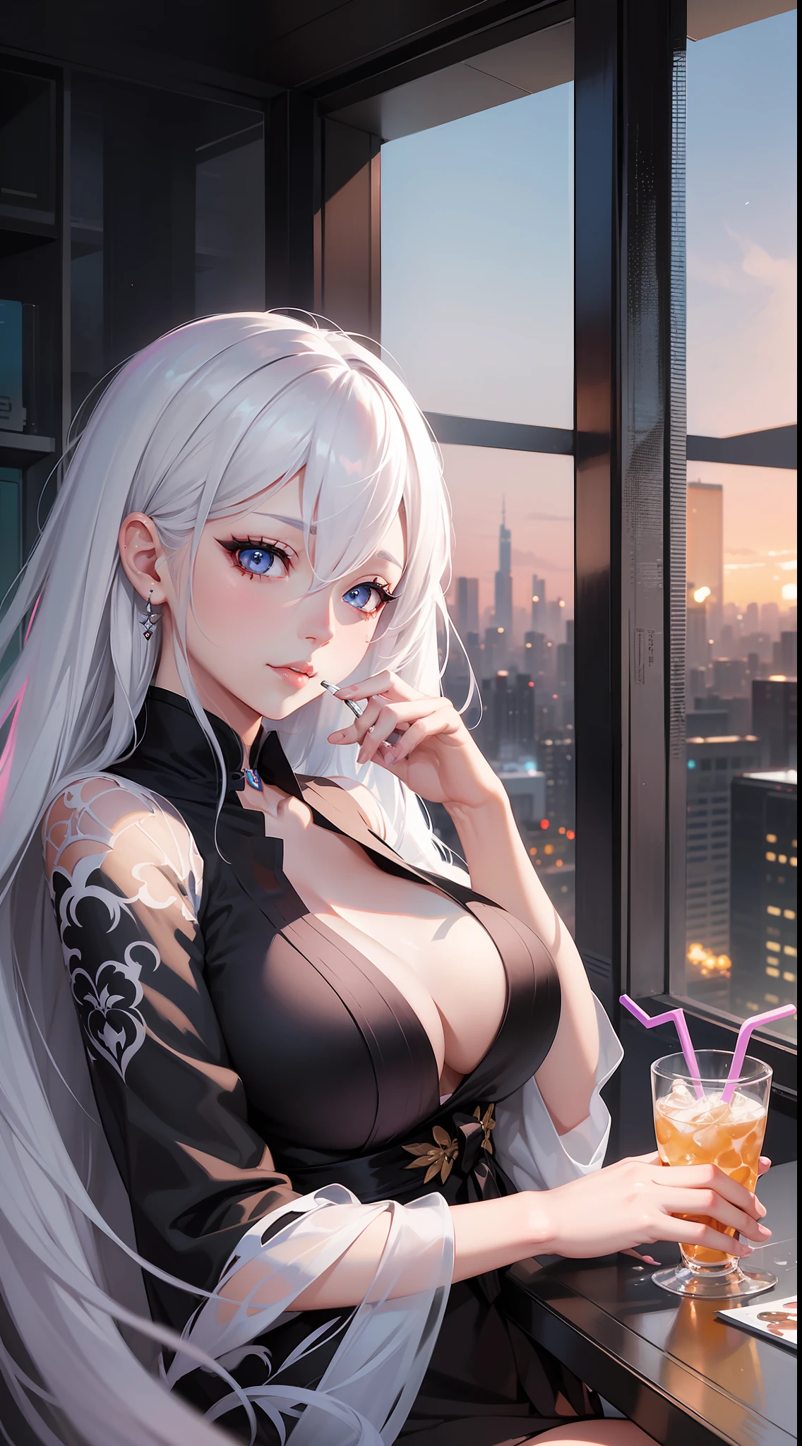 there is a woman with white hair drinking a drink, rossdraws 1. 0, rossdraws portrait, artwork in the style of guweiz, anime realism style, realistic artstyle, loish art style, digital anime illustration, rossdraws digital painting, rossdraws 2. 0, detailed painting 4 k, detailed digital anime art, realistic anime artstyle