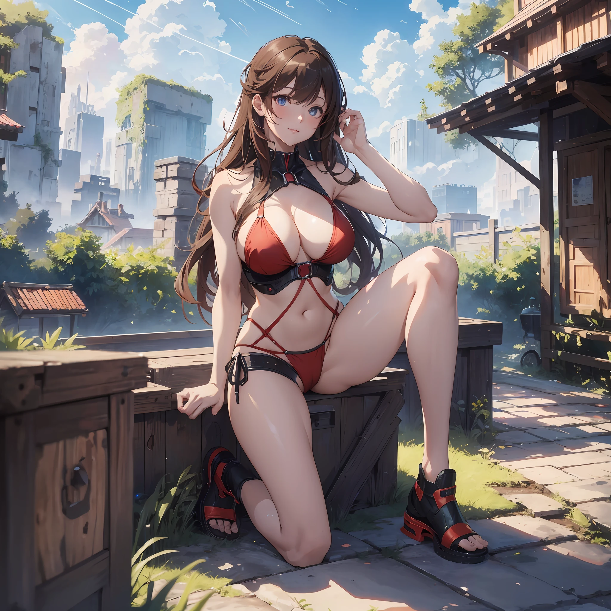 16K, HDR, ray tracing, RTX, ultra realistic, highres, best quality, masterpiece, full body image, (perfect anatomy ), a beautiful mature milf posing for a photograph, wearing a sexy red bikini, long brown hair, bangs, happy chuckle, blue eyes, sexy body, looking at the camera, day time, ((blue sky, clouds, spaceship, anime style, outdoors)), trending on artstation, WLOP, sakimichan, award wining, great composition, perfect, great lighting