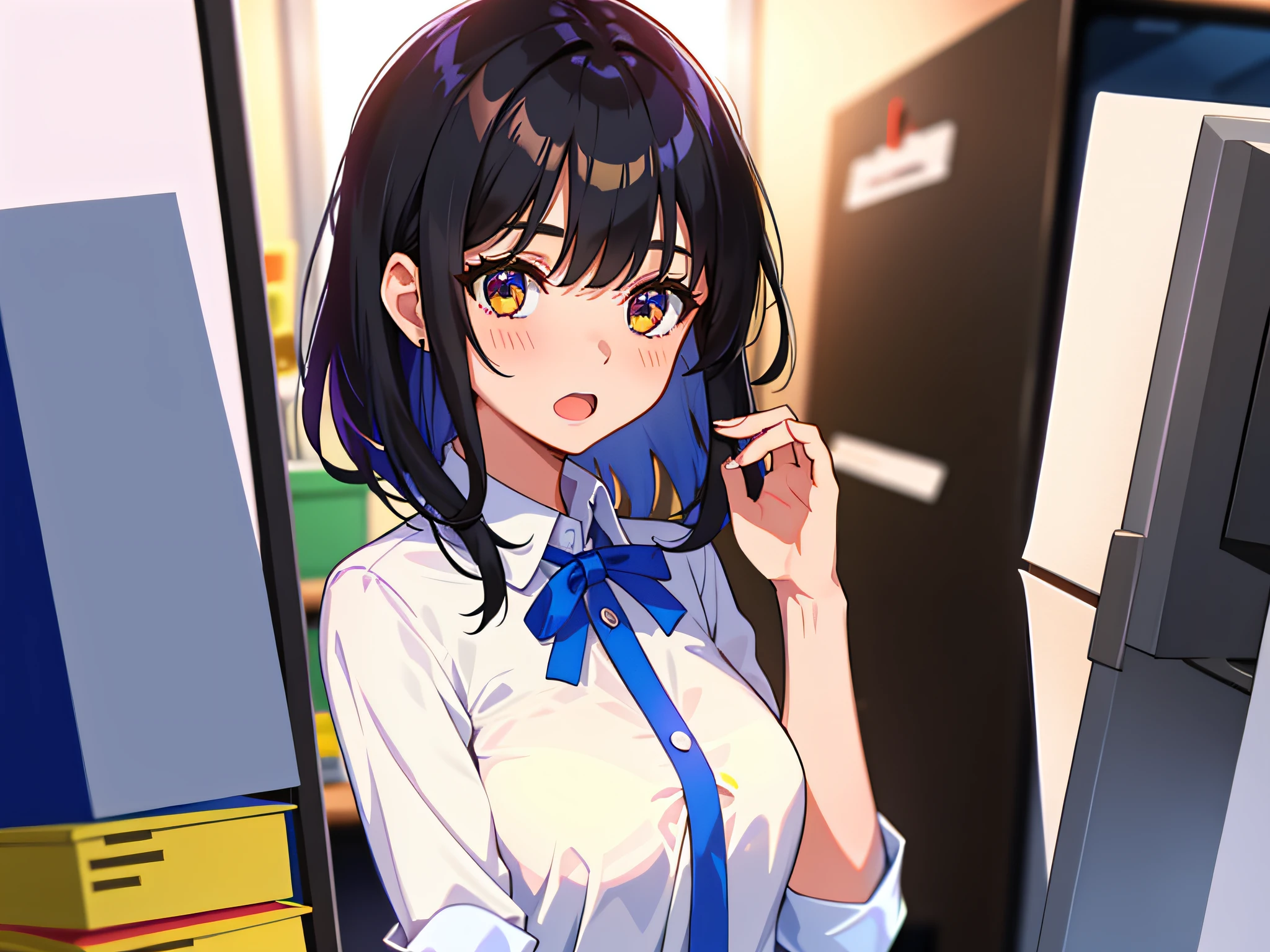 A black-haired beauty, in the office, surprised