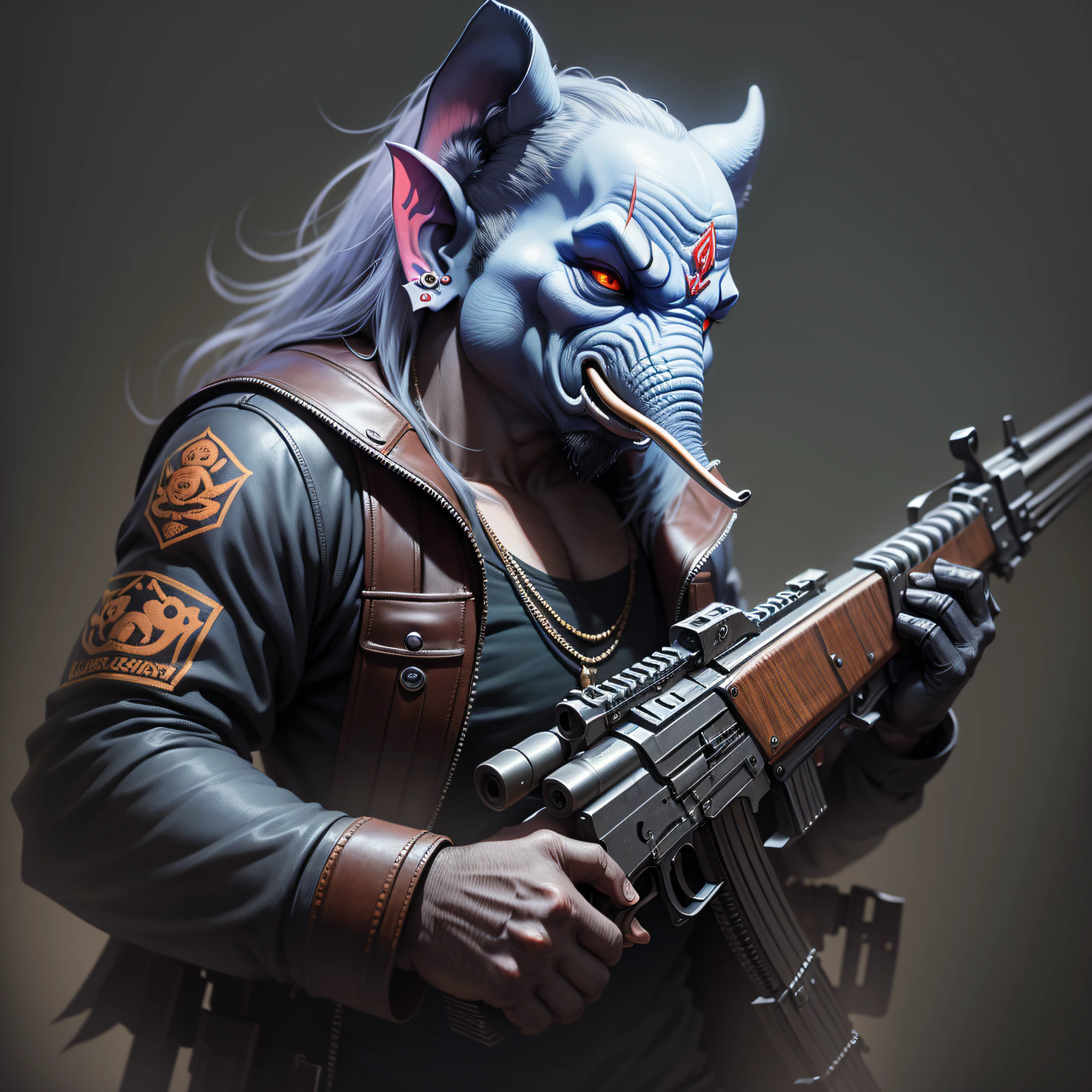 evil gangster ganesha,using ak47,dark art,darkness,obscure,dark background,4k --auto --s2