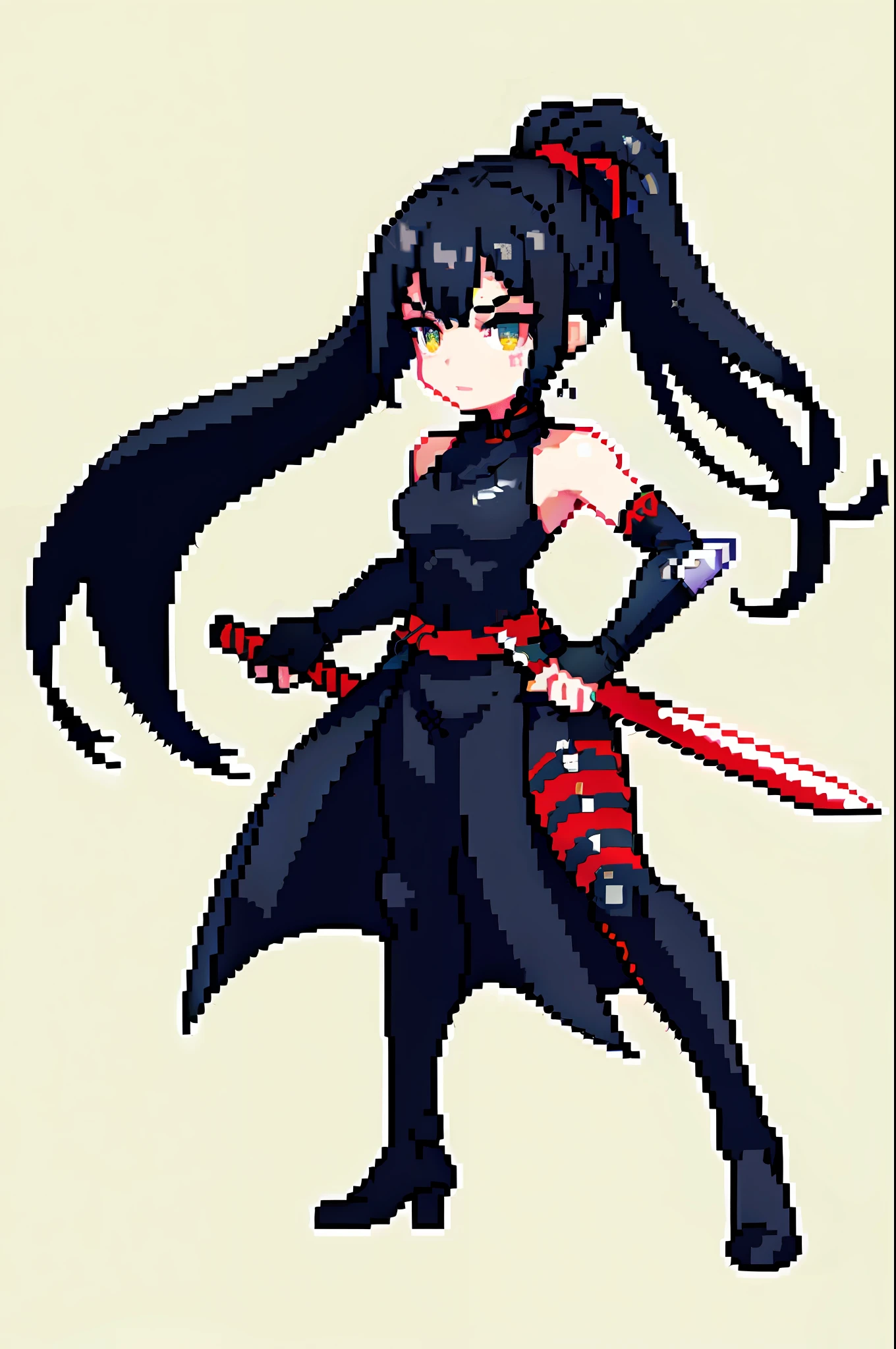 "(Masterpiece, top quality, best quality), singular pixel art portrait featuring 1 girl with striking yellow eyes, black hair styled in a flowing ponytail, adorned in a sleek black and red samurai armor, showcasing her proficiency with a sword in a combative stance."