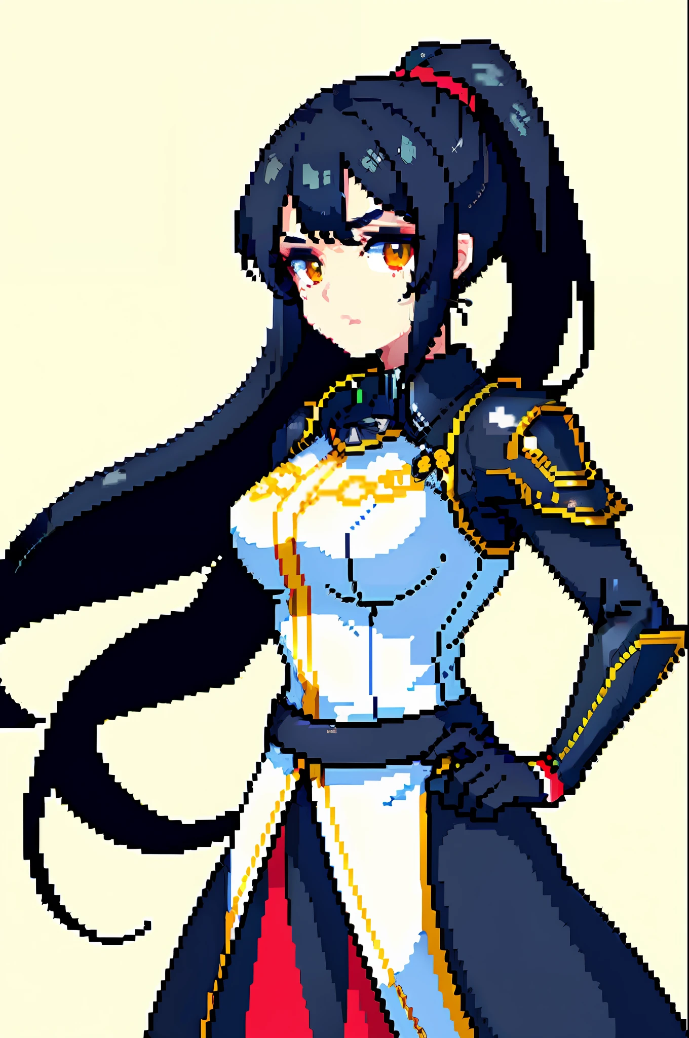 "(Masterpiece, top quality, best quality), singular pixel art portrait featuring 1 girl with striking yellow eyes, black hair styled in a flowing ponytail, adorned in a sleek black and red samurai armor, showcasing her proficiency with a sword in a combative stance."