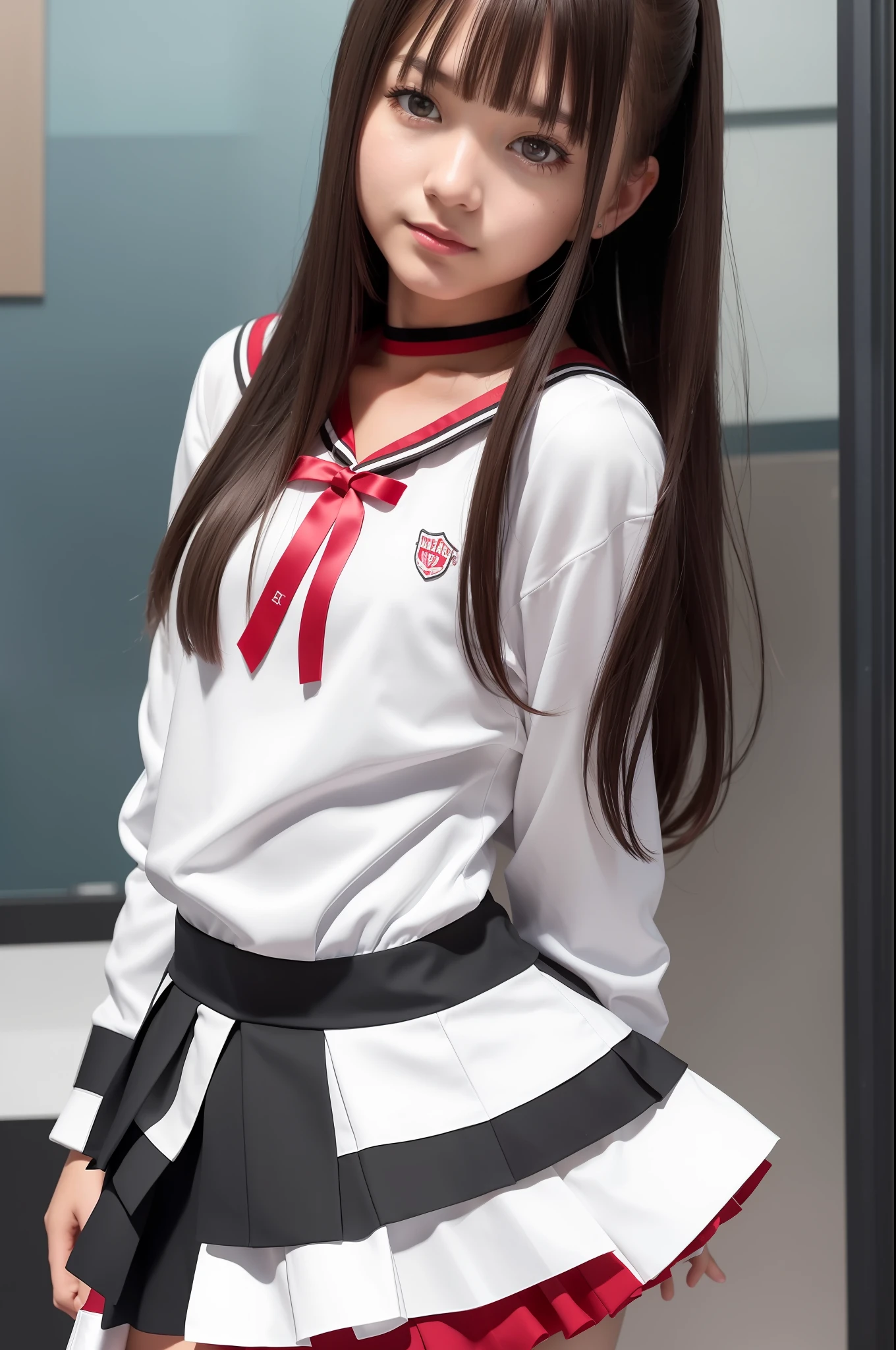 (RAW Photo: 1.2), (Photorealistic: 1.4), (Masterpiece: 1.3), (Best Quality: 1.4), Ultra High Resolution, (Detailed Eyes), (Detailed Facial Features), (Detailed Clothing Features), HDR, 8k Resolution, Solo Focus, Bangs, Skin Tightness, (Shiny Skin), (Slender Girl), Dreamy,
(extreme detailed drawing), confirmation of commentary, request for commentary, landscape, no text,
Virtual Girl - Rin, Small, Long Hair, Brown Hair, Brown Eyes,
Students, JKs, high school girls,
1 Girl, Upper Body,
black choker,
white Japan school uniform,
sailor suit
dark red pleated skirt, stockings,
sneaker
Happiness, smile,