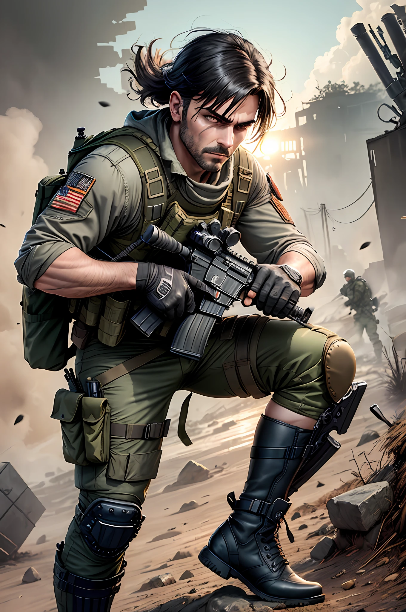 boots, british male, full body, aiming and firing a m16, m16a2, assault rifle, knee pads, male focus, military, blue military uniform, pouch, black hair, clean-shaven, solo, assault vest, drop-down pistol holster, jungle background, battle, tanks, explosions, gritty war-torn atmosphere, black ops, rifle, ar15, colt,