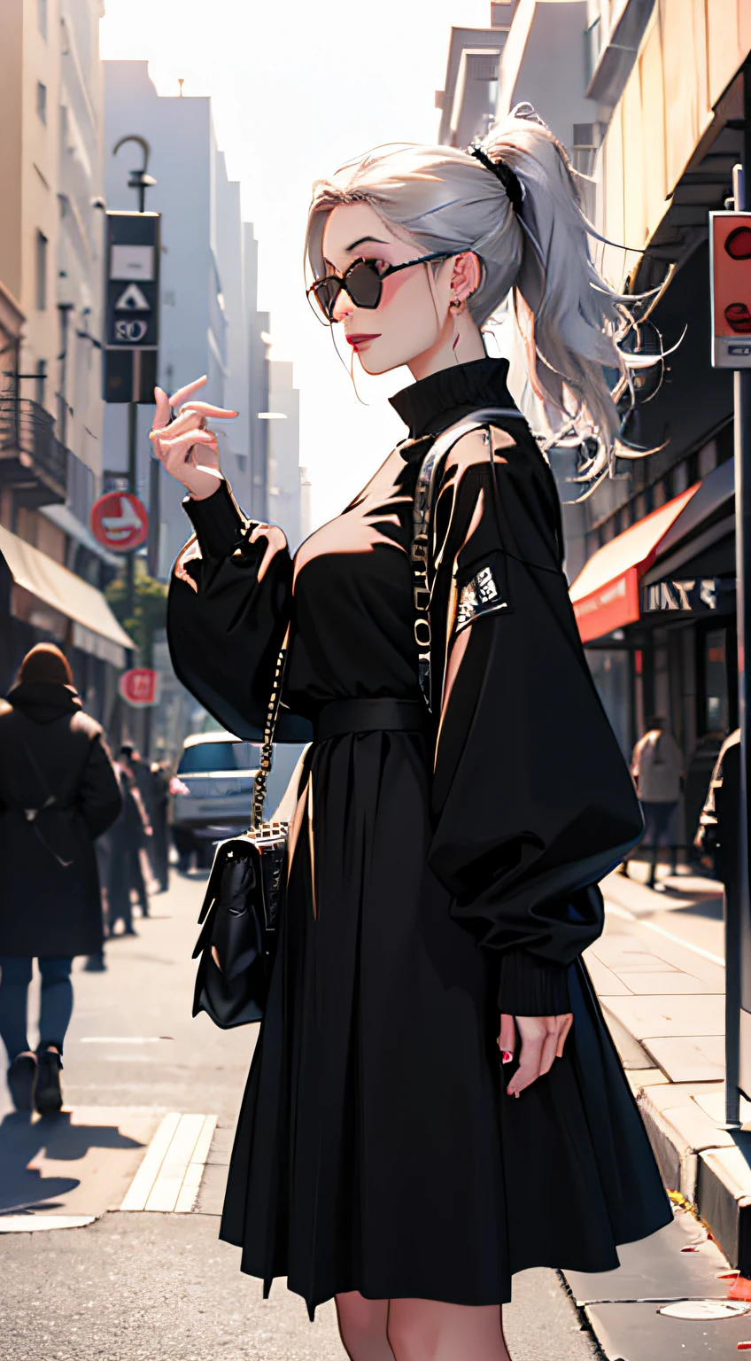 Young woman 25 years old: 1.3, Short ponytail: 1.2, Long skirt: 1.2, Sunglasses: 1.2, Daytime: 1.2, Street: 1.2, Film lighting, Surrealism, UHD, ccurate, Super detail, textured skin, High detail, Best quality, 8k