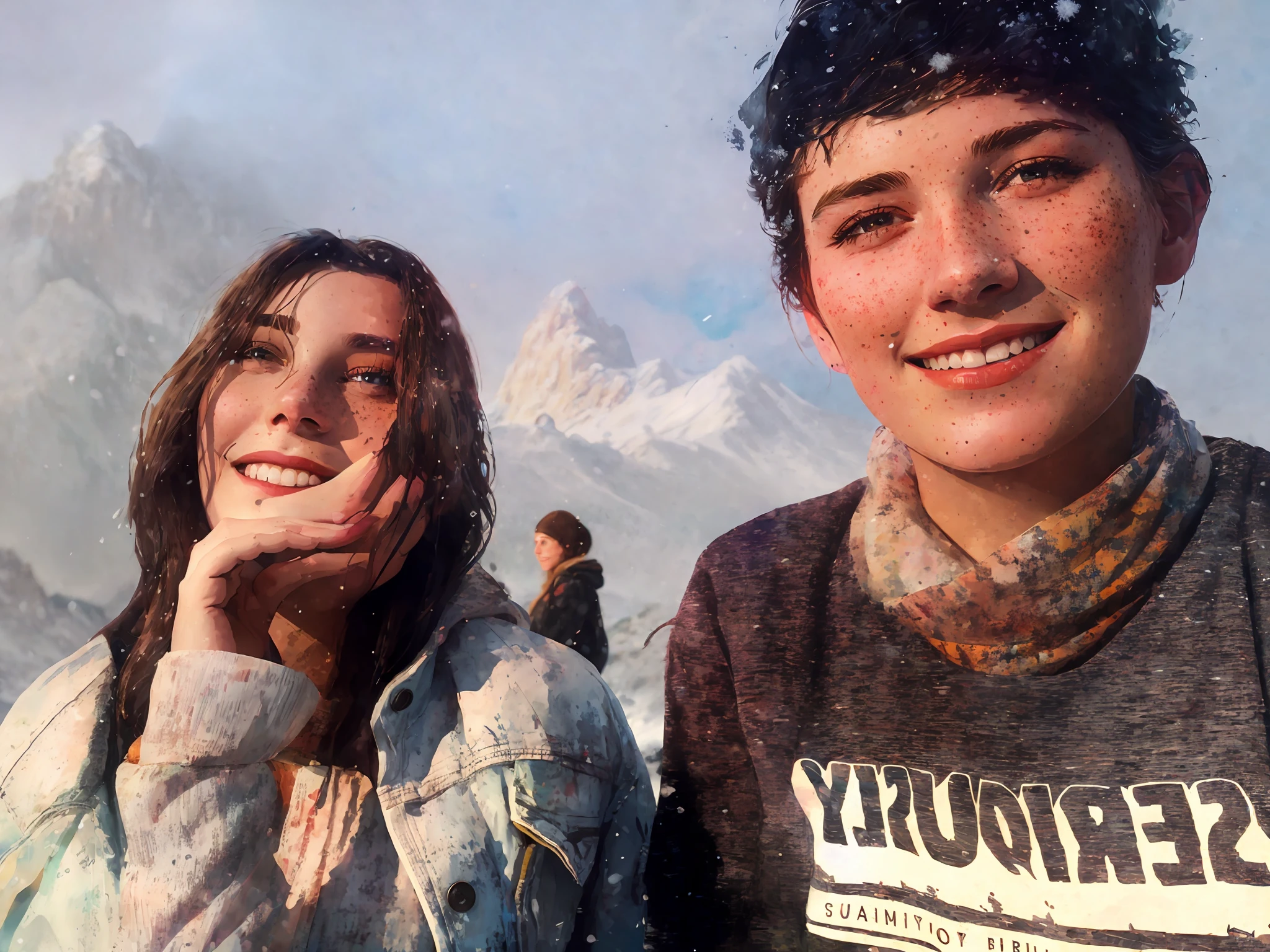 portrait of beautiful smiling woman with some freckles, snow-covered mountain landscape background by ilya kuvshinov and annie leibowitz. synthwave watercolor painting on canvas trending in artstation dramatic lighting abstract expressionism pastel shades tones (hd) golden ratio details aesthetic octane render excellent composition natural textures 8k oil paining masterpiece canon eos r4s 50