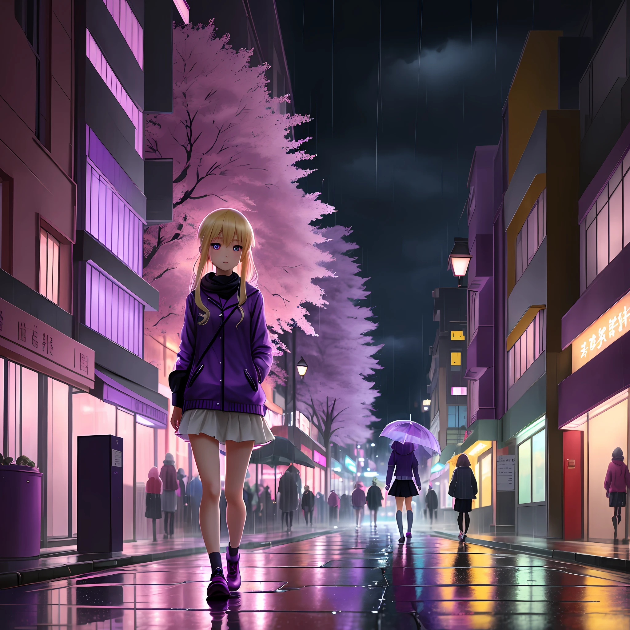 A blonde haired anime girl with violet eyes walking alone in the rain under pink blue purple city lights holding transparent umbrella
