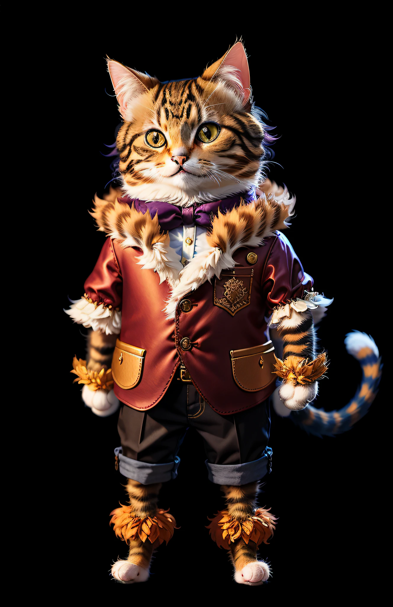 ((Cat in clothes)),Full shot,Fluffy hair,Anthropomorphic expression,Rich colors,Exquisite details,Masterpiece,Realistic,artsation,CG,Realistic,Unreal Engine,Realistic light and shadow,Beautiful rich colors,Amazing details,High quality,Ear pair,Standing posture
