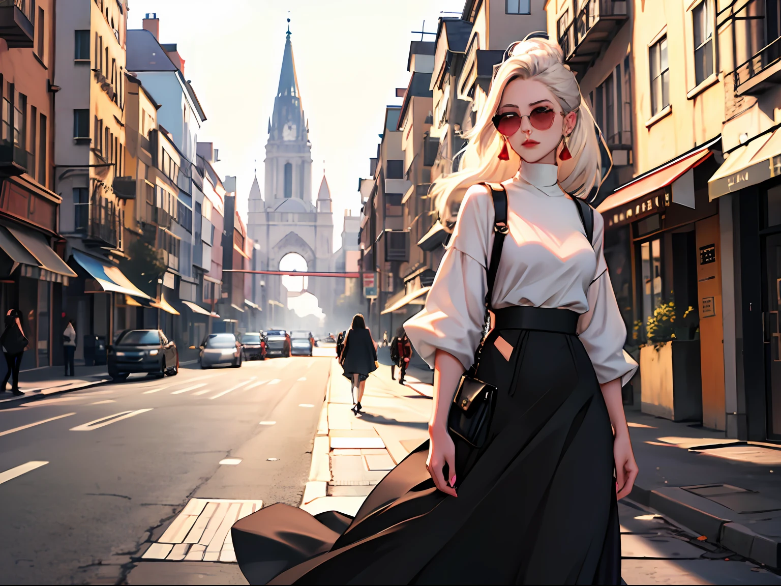 Young woman 25 years old: 1.3, Short ponytail: 1.2, Long skirt: 1.2, Sunglasses: 1.2, Daytime: 1.2, Street: 1.2, Film lighting, Surrealism, UHD, ccurate, Super detail, textured skin, High detail, Best quality, 8k