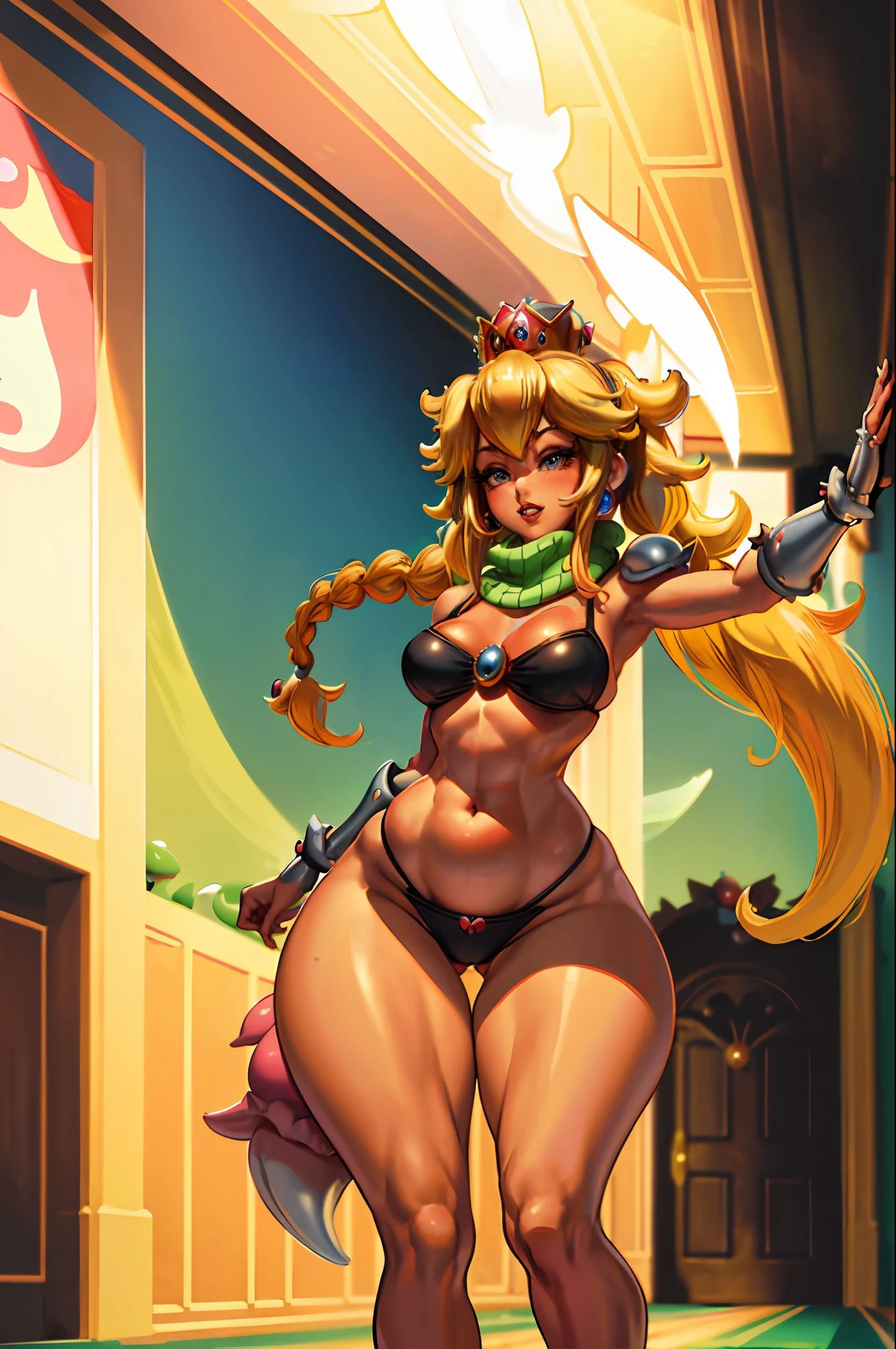(masterpiece), (best_quality), (ultra-detailed), (illustration), (welcoming), 1girl, (princess peach from mario bros:1.3), (in a  hall:1.3), full body, thigh gap, ginger hair, twin braids, lipstick, , [:wild, wild costume design:0.2], scarf,dancing,muscular, narrow waist, thicc toned hourglass figure,(muscular legs:0.25), skindentation, (bikini armor:1.2), (dark skin:1.3), official art, vivid color, finely detailed, hyper detailed, 8k, high resolution illustration, absurdres, intricate detail