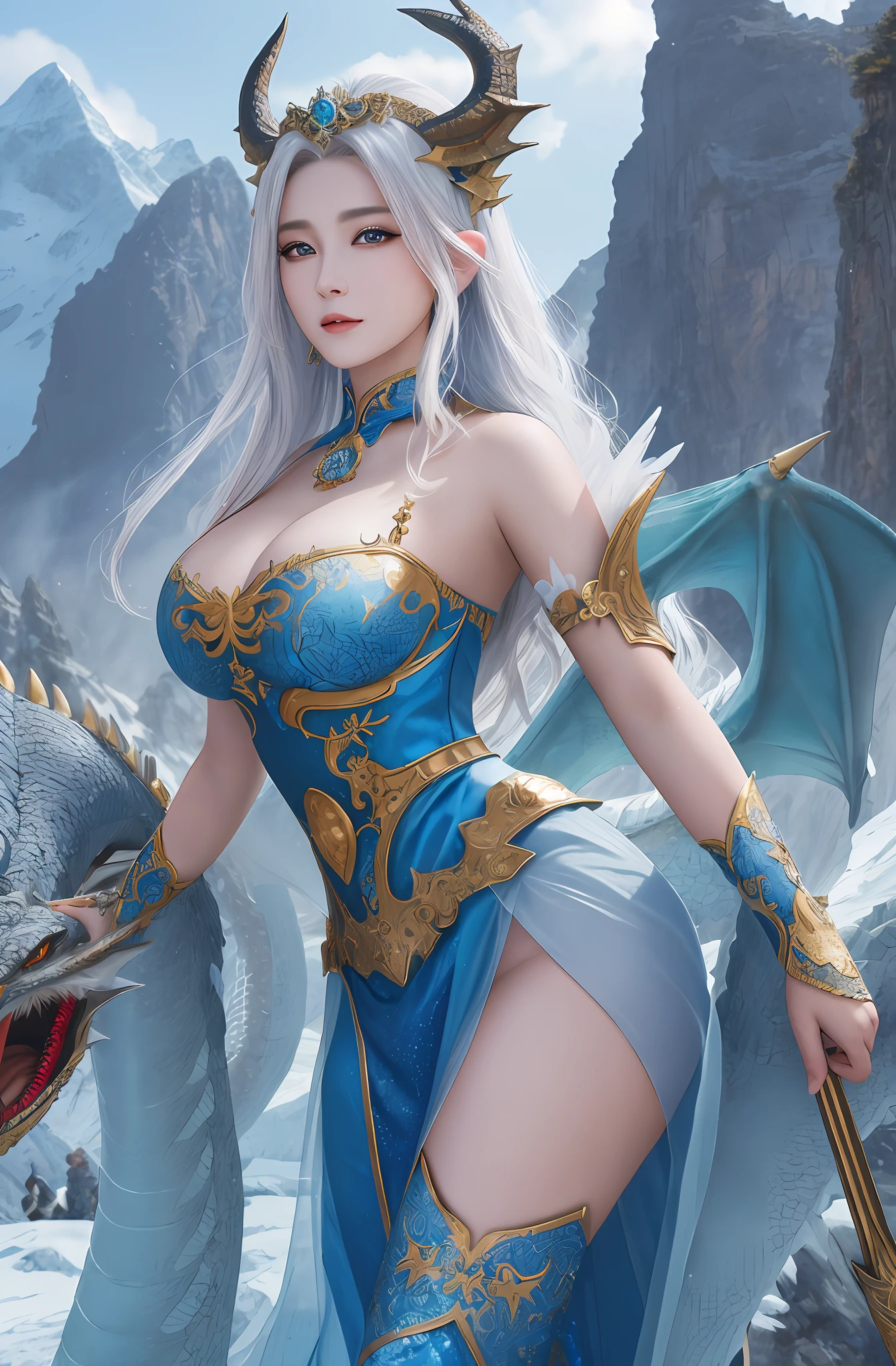 (16k, masterpiece, best quality), ultra-detailed, detailed beautiful round eyes, beautifully detailed face, high quality, high resolution, the dragon queen with her dragons, dragon outfit, ice dragon, goddess, perfect face, perfect body, big breast, ((daytime)), mature women, outdoor, mountain background