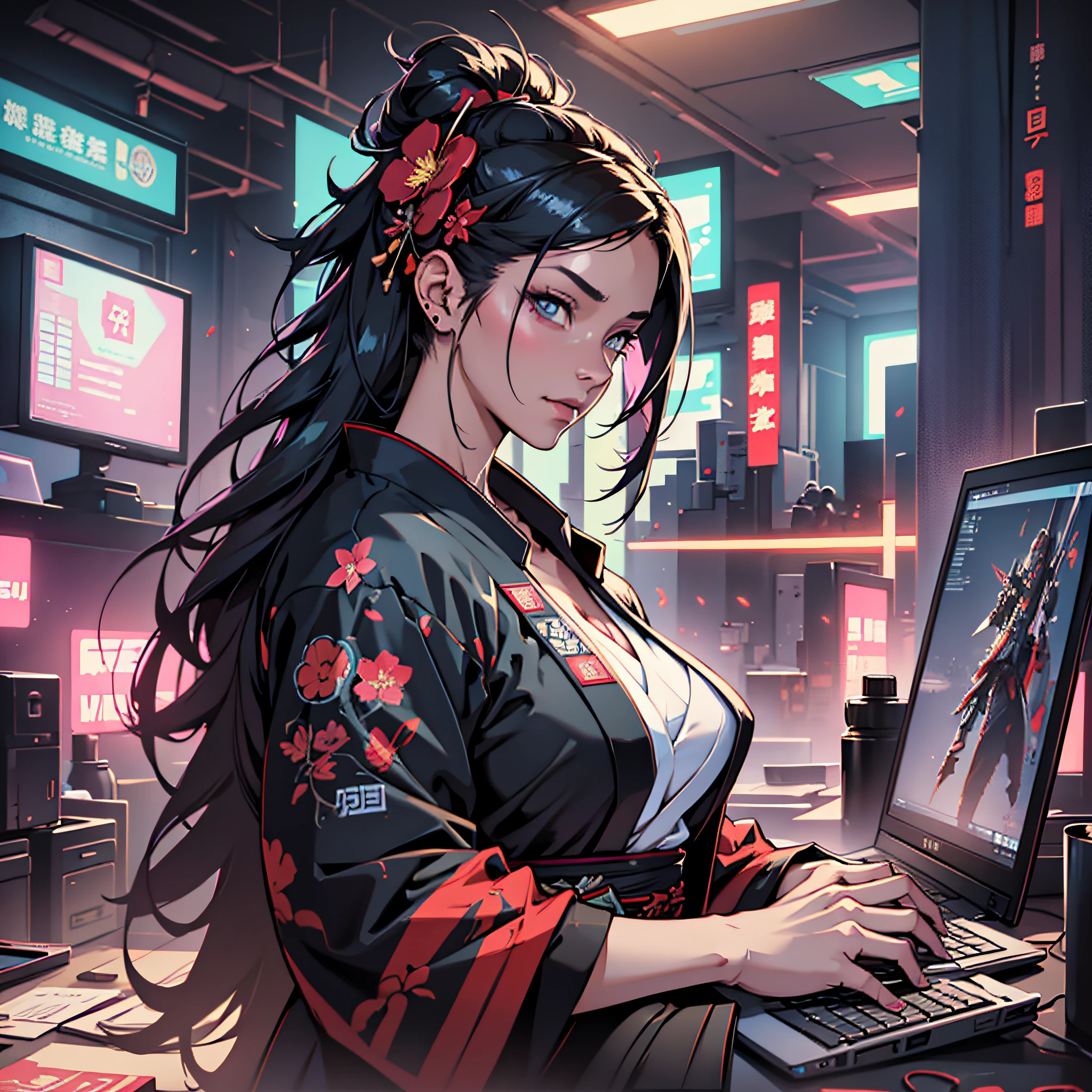 woman with a flower in her hair, holding a katana in her hands, working at a computer, making a presentation on a laptop, hacker, full body, tall body, cyberpunk colors, cyberpunk geisha, cyberpunk photo, cyberpunk art style, professional concept art, realistic anime, perfect composition, bright brush, smooth, clear focus, illustration, ultra-detailed, intricate details, global lighting, oil on canvas, author Greg Rutkowski --auto --s2