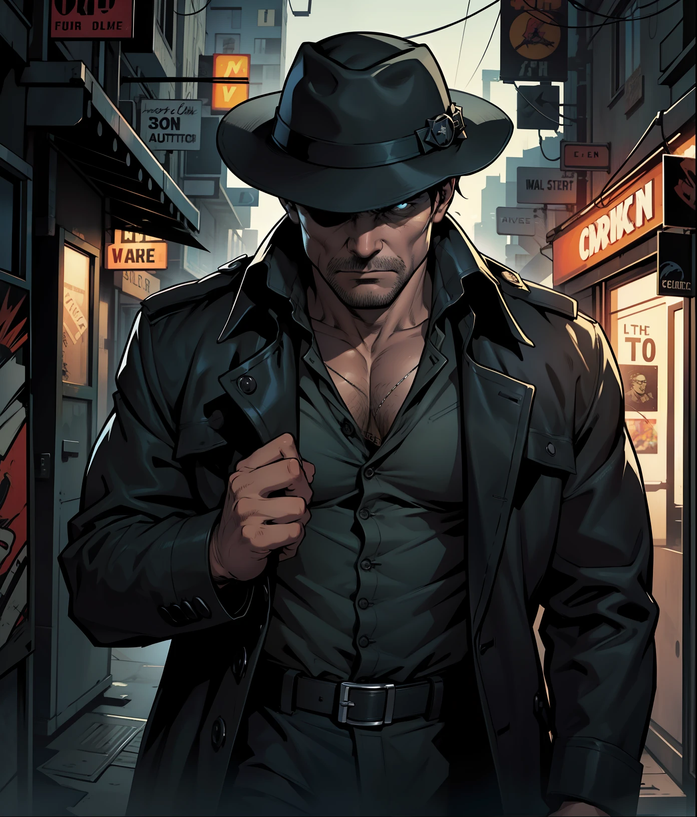 A thrilling comic book cover featuring a rugged and determined middle-aged detective, complete with his signature fedora and trench coat. The image depicts the detective with a stern expression as he casts a watchful eye over his surroundings, emphasizing his sharp attention to detail. The art style mixes classic noir elements with modern comic book sensibilities, resulting in a bold and dynamic image.
