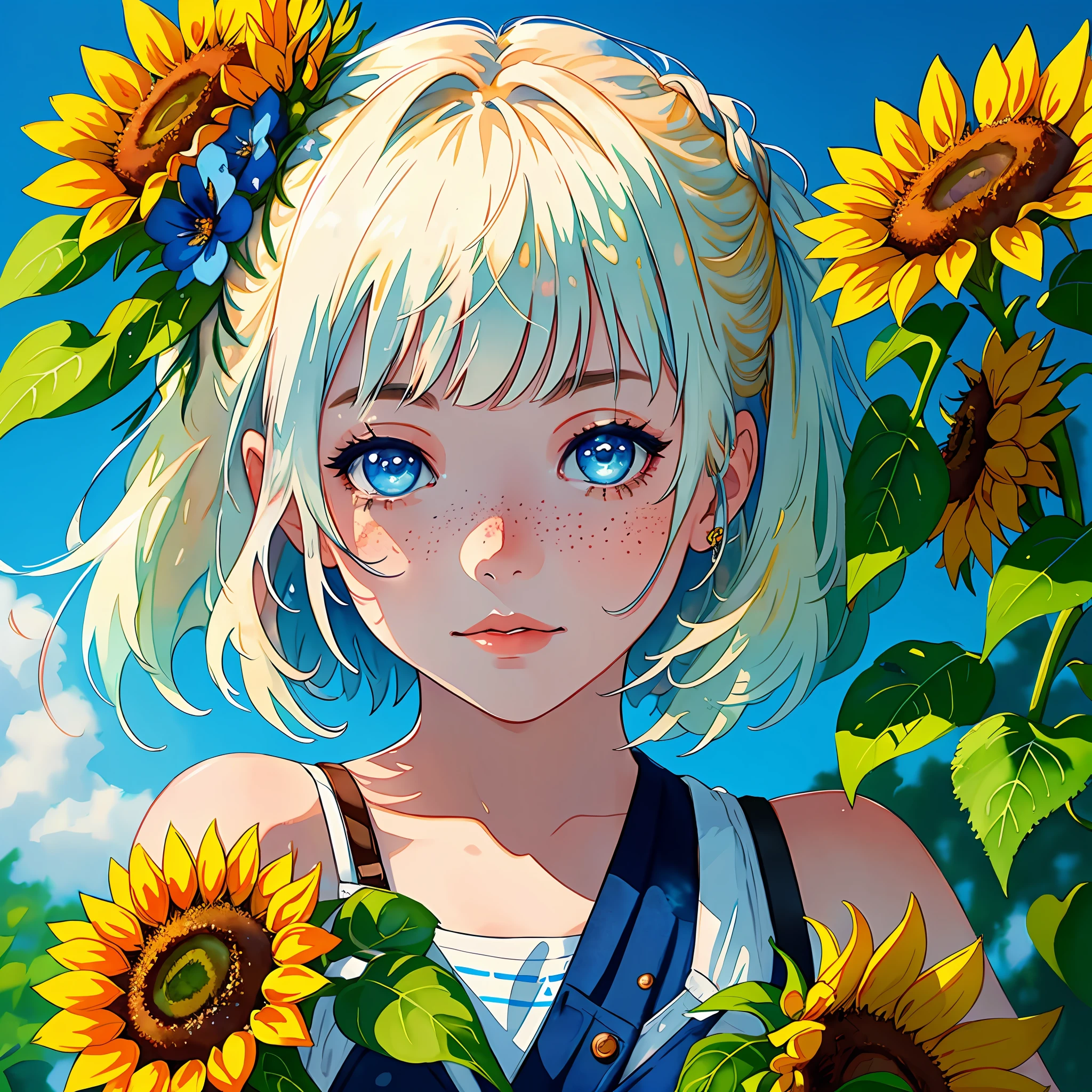 (watercolor:1.2),sharp focus:1.2,highest quality Len's,1girl, solo, flower, sunflower,freckles, portrait, leaf, bangs, signature,blue eyes, surrounded by blue flowers,close up shot, beautiful,highest quality digital art, Stunning art, wallpaper 4k,8k,64k, HD, unparalleled masterpiece, dynamic lighting, cinematic, epic