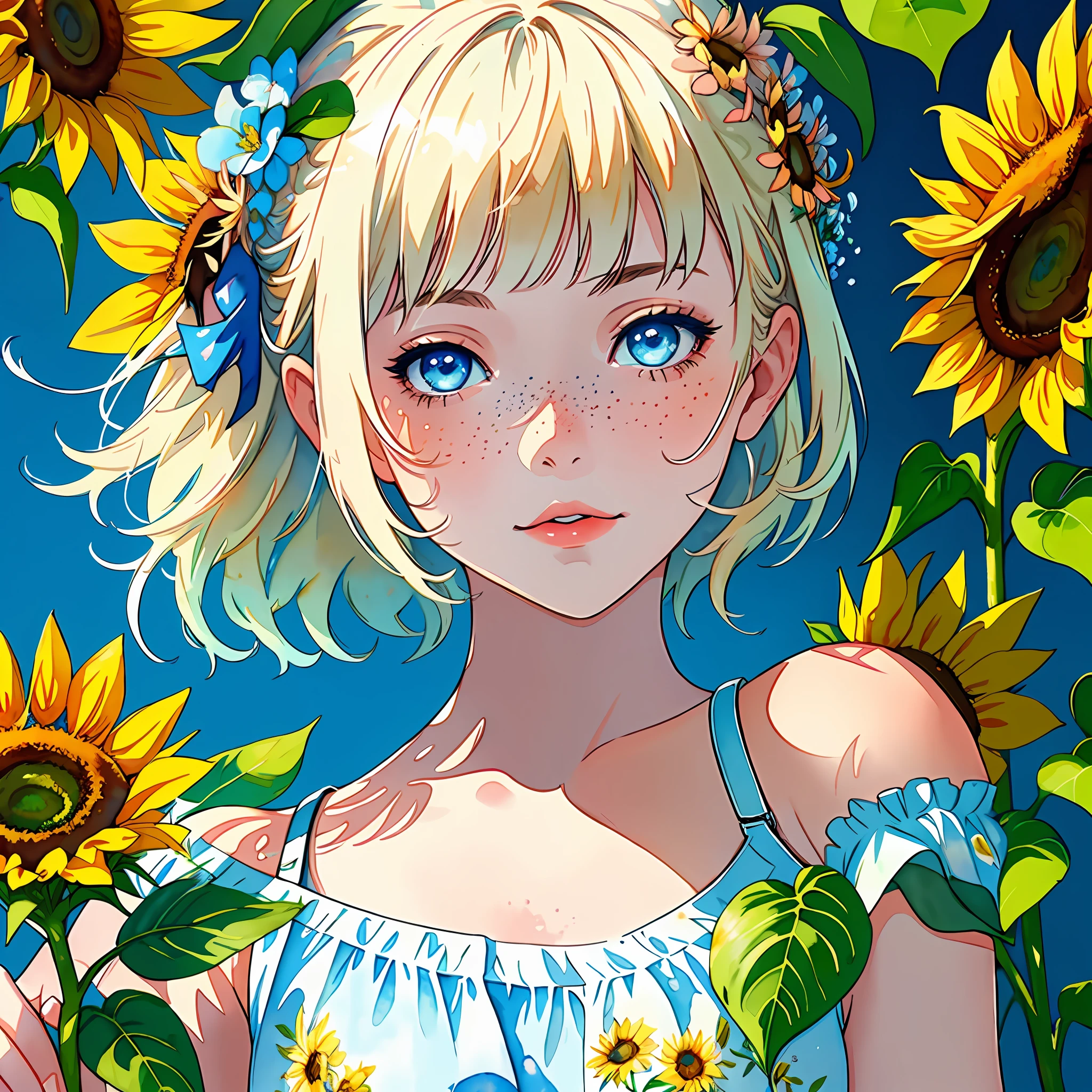 (watercolor:1.2),sharp focus:1.2,highest quality Len's,1girl, solo, flower, sunflower,freckles, portrait, leaf, bangs, signature,blue eyes, surrounded by blue flowers,close up shot, beautiful,highest quality digital art, Stunning art, wallpaper 4k,8k,64k, HD, unparalleled masterpiece, dynamic lighting, cinematic, epic