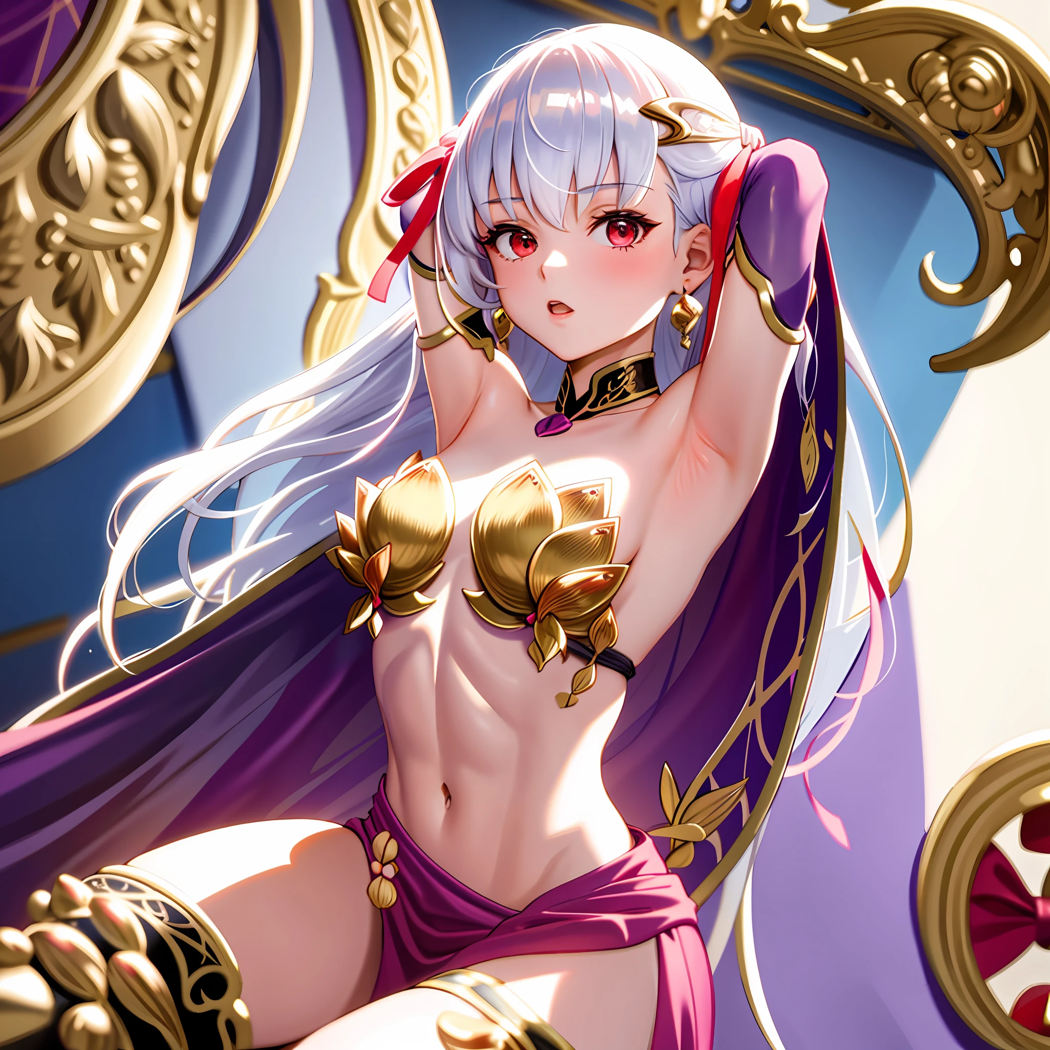 1girl, masterpiece, best quality, detailed, portrait, kamaadult, kamacostume, long hair, surprised, red ribbon, armpits, arms behind head, squatting, abs, muscles