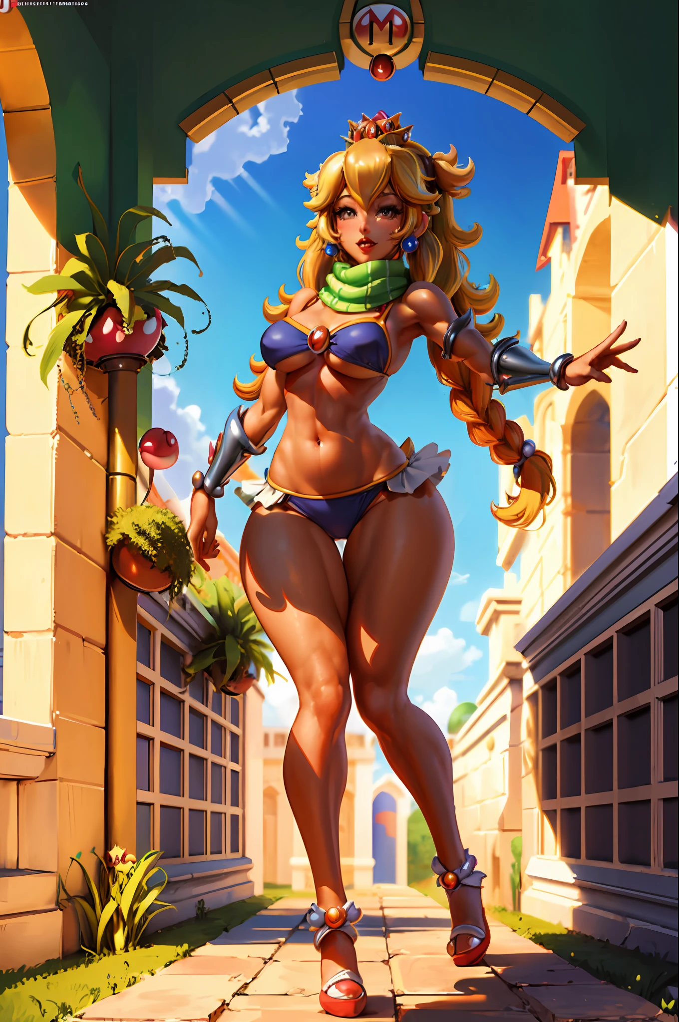 (masterpiece), (best_quality), (ultra-detailed), (illustration), (welcoming), 1girl, (princess peach from mario bros:1.3), (in a  hall:1.3), full body, thigh gap, ginger hair, twin braids, lipstick, , [:wild, wild costume design:0.2], scarf,dancing,muscular, narrow waist, thicc toned hourglass figure,(muscular legs:0.25), skindentation, (bikini armor:1.2), (dark skin:1.3), official art, vivid color, finely detailed, hyper detailed, 8k, high resolution illustration, absurdres, intricate detail