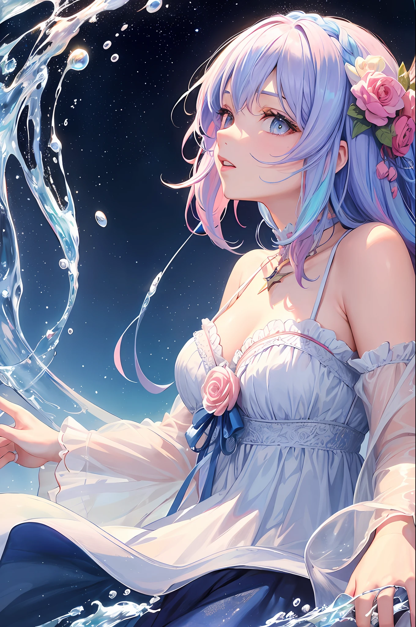 (Masterpiece, Top Quality, Best Quality, Watercolor (Medium), Official Art, Beautiful and Aesthetic: 1.2), (1 Girl: 1.3), (Fractal Art: 1.3), Upper Body, From the Side, Looking at the Viewer, Pattern, (Iridescent Hair, Colorful Hair, Half Blue and Half Pink Hair: 1.2), Water, Liquid, Clouds, Colorful, Starry Sky, Stars, Tsundere