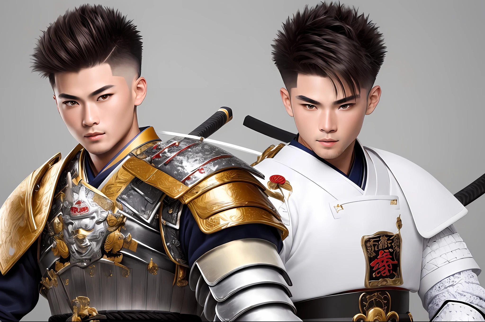 ((Top Quality, 8k, Masterpiece: 1.3)), 1 boy, handsome man in samurai warrior armor with katana sword white handle: 1.3, (Featured haircut, Chest A Cup: 1.2), 1.1, Ultra detailed face, Detailed eyes, Double eyelids,