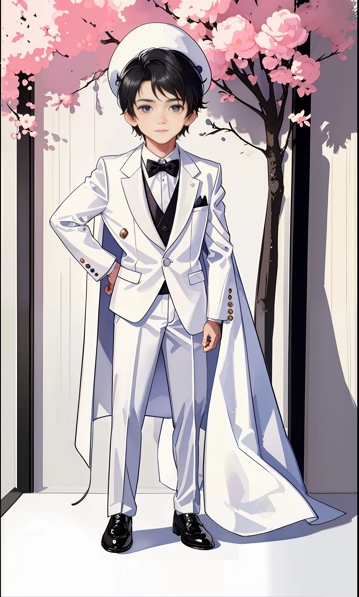 There is a little boy in a white suit and tie, about 9 years old, wearing a white tuxedo, photographed in the early 1990s, with a white suit and black tie
