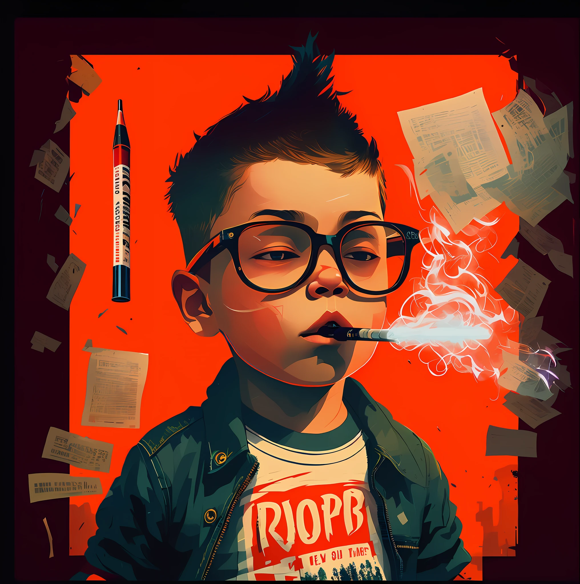 there is a painting of a boy with a cigarette in his mouth, inspired by Rudy Siswanto, inspired by Sam Spratt, rob rey and kentaro miura style, epic portrait illustration, cyril rolando and goro fujita, in style of kyrill kotashev, inspired by Craig Davison, by Rudy Siswanto, stunning digital illustration