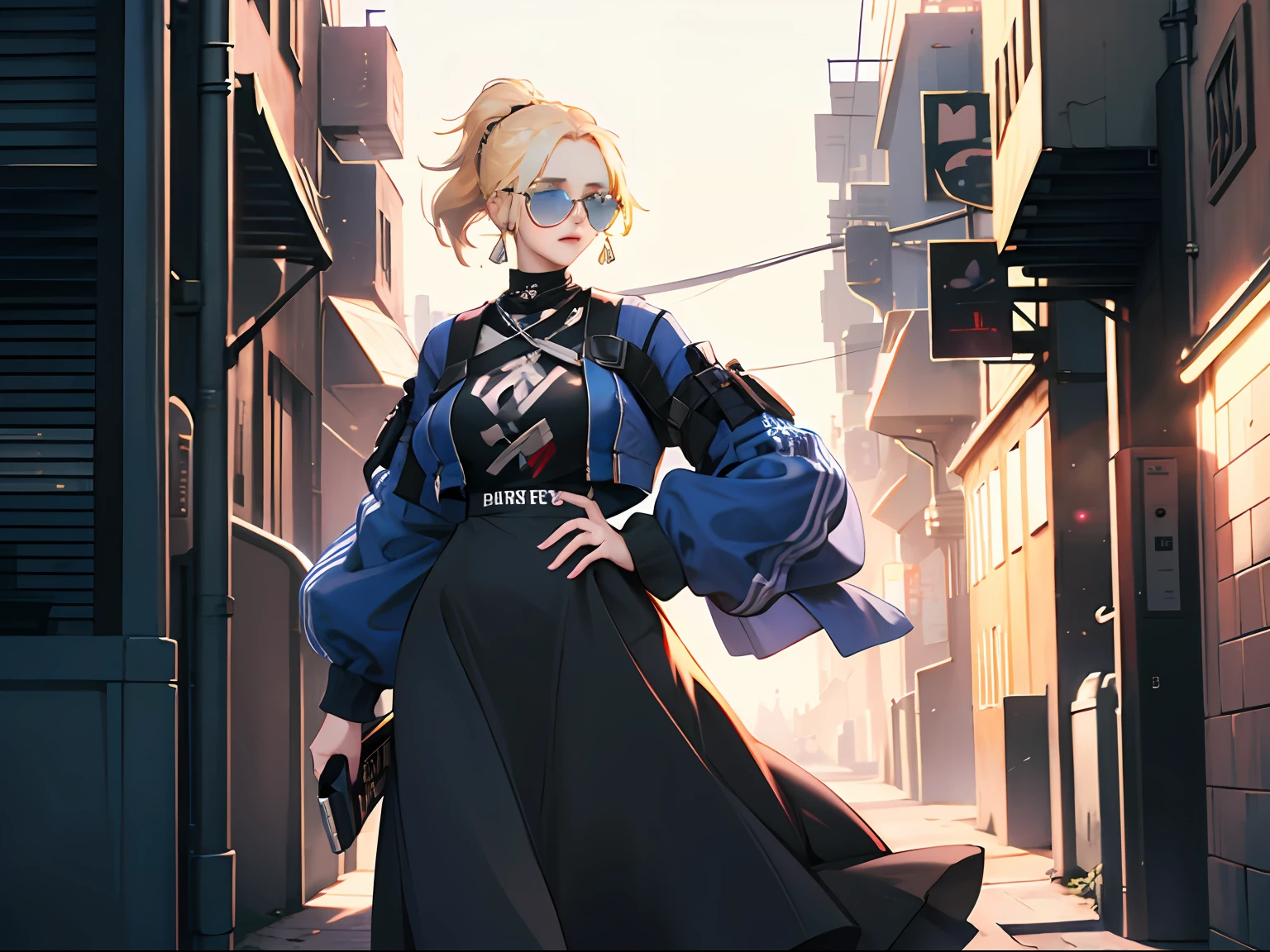Young woman 25 years old: 1.3, Short ponytail: 1.2, Long skirt: 1.2, Sunglasses: 1.2, Daytime: 1.2, Street: 1.2, Film lighting, Surrealism, UHD, ccurate, Super detail, textured skin, High detail, Best quality, 8k