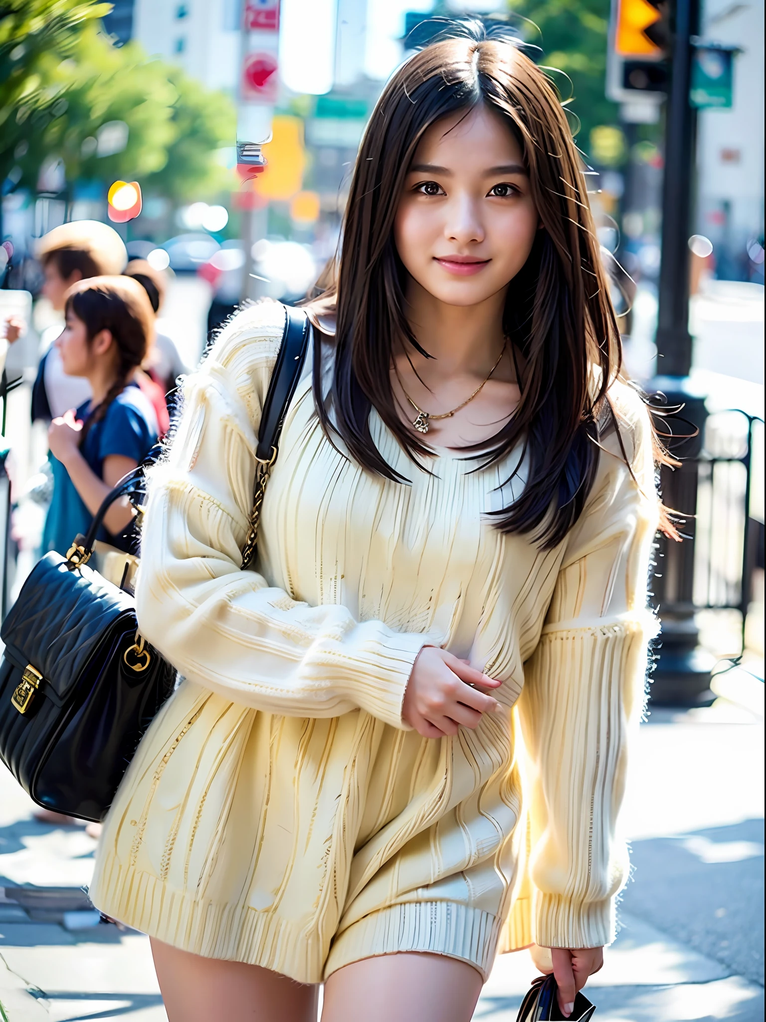 18 year old girl with perfect face and big, café, right hand with hair, cute clothes, slim and slender physique. The skin has detailed and highly detailed eyes (1.1 emphasis), very detailed skin texture (1.1 emphasis). Slender necklace, model photo style, photorealistic, skin texture is real human skin texture, detailed skin pores, intricate details, eyes very detailed, tight skirt with black pattern: 1.5, fluffy cream shirt with sleeves: 1.2, beige bag, street, smile, viewer's gaze, from the knee up,