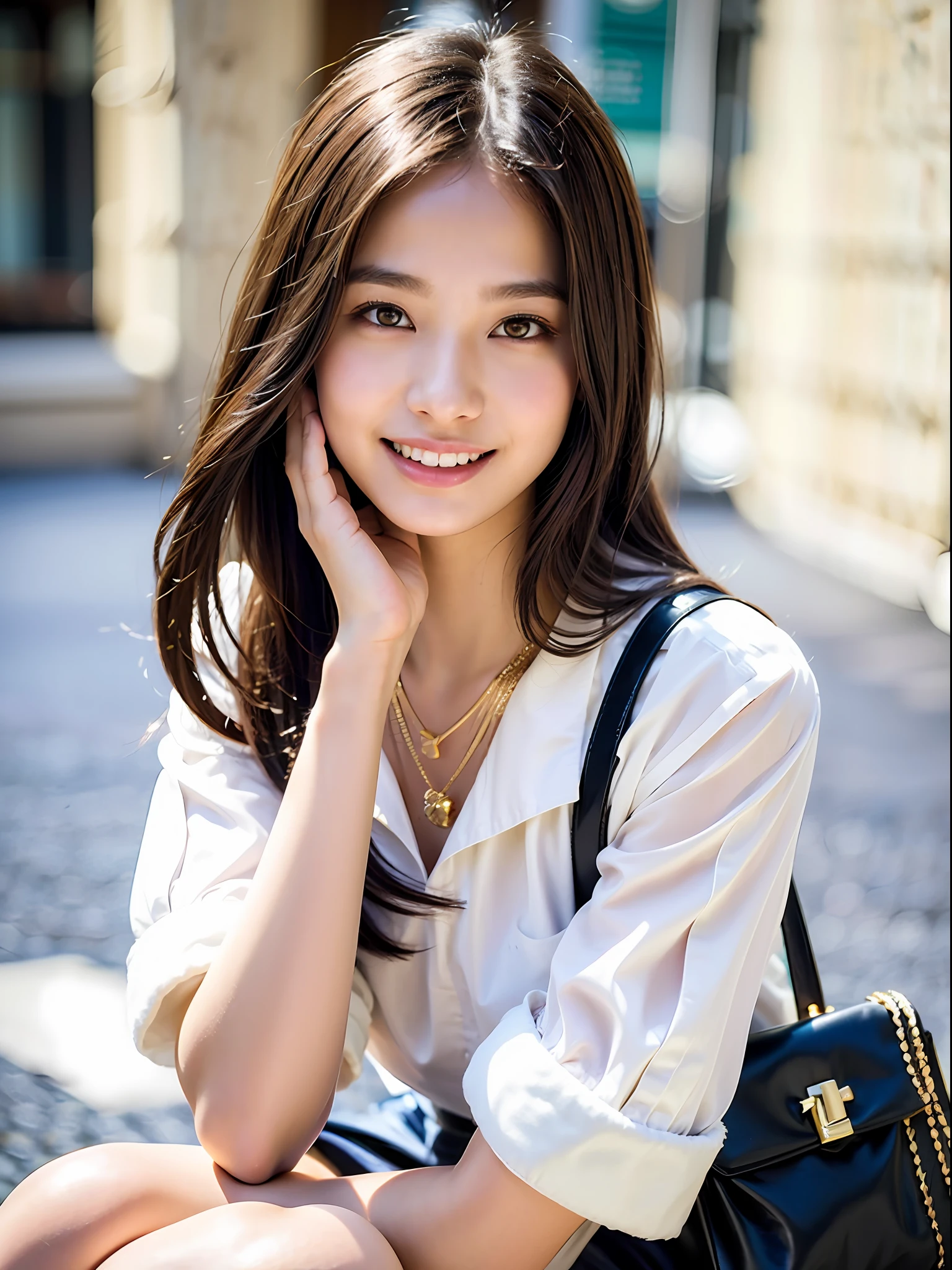 18 year old girl with perfect face and big, café, right hand with hair, cute clothes, slim and slender physique. The skin has detailed and highly detailed eyes (1.1 emphasis), very detailed skin texture (1.1 emphasis). Slender necklace, model photo style, photorealistic, skin texture is real human skin texture, detailed skin pores, intricate details, eyes very detailed, tight skirt with black pattern: 1.5, fluffy cream shirt with sleeves: 1.2, beige bag, street, smile, viewer's gaze, from the knee up,