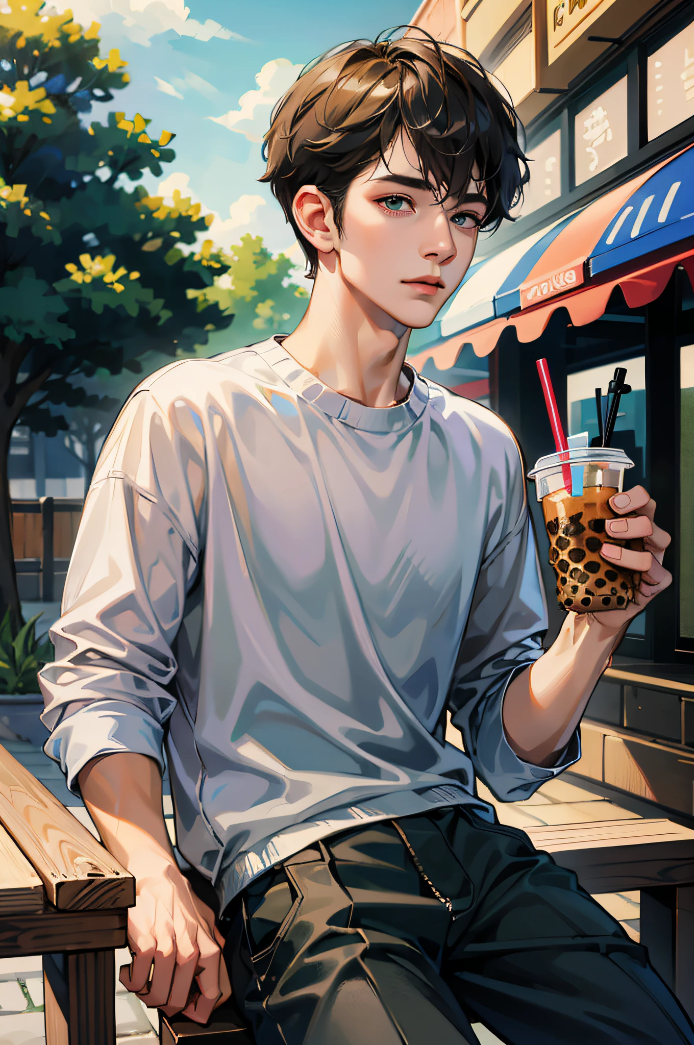 (absurdres, highres, ultra detailed), masterpiece, best quality, a boy with bubble tea, solo, short hair, handsome, finely eye and detailed face, casual clothes, real shadow,