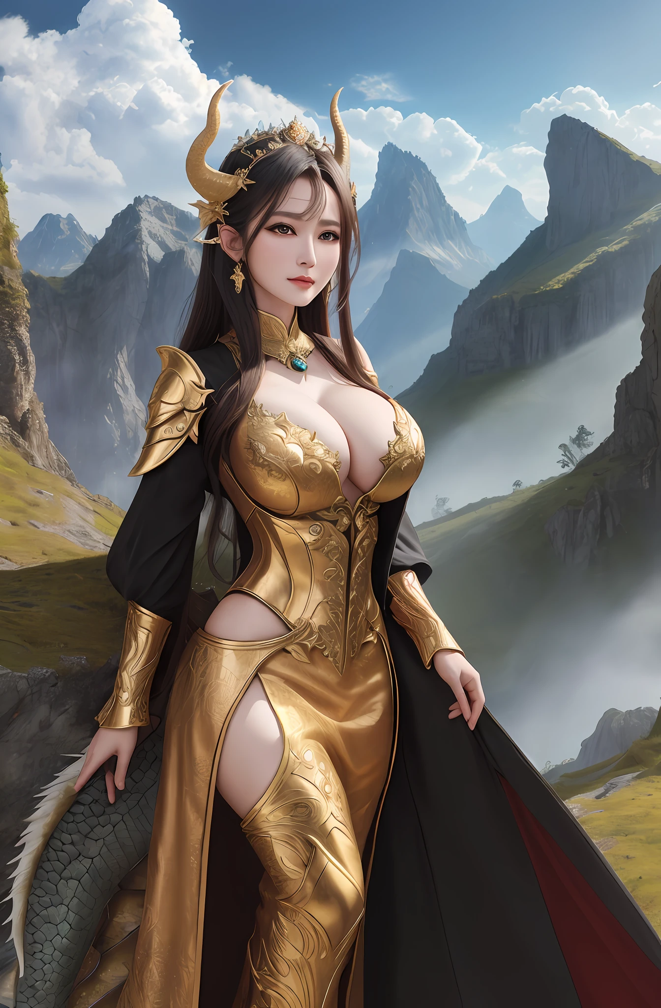 (16k, masterpiece, best quality), ultra-detailed, detailed beautiful round eyes, beautifully detailed face, high quality, high resolution, the dragon queen with her dragons, dragon outfit, thunder dragon, goddess, perfect face, perfect body, big breast, ((daytime)), mature women, outdoor, mountain background