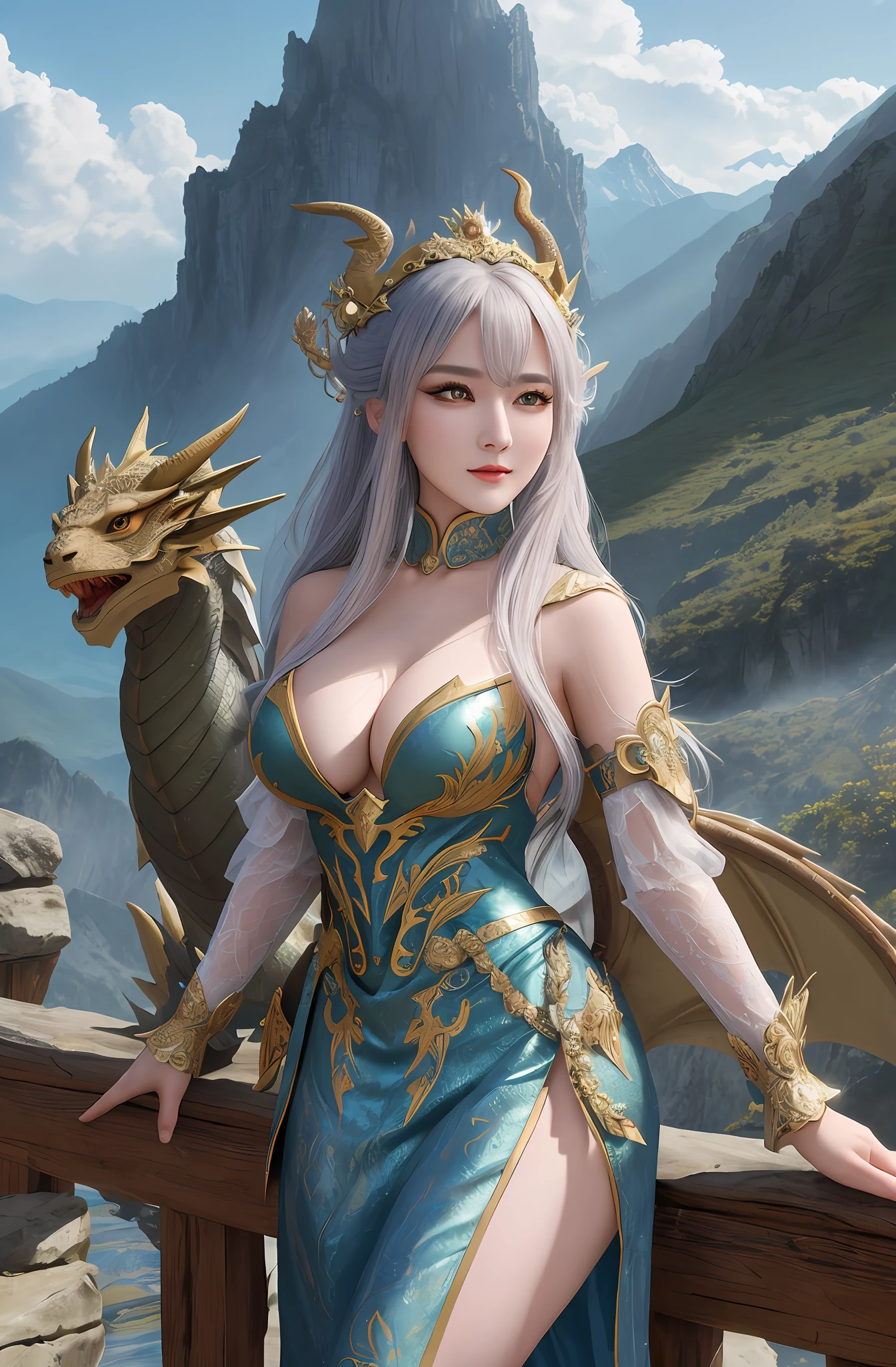 (16k, masterpiece, best quality), ultra-detailed, detailed beautiful round eyes, beautifully detailed face, high quality, high resolution, the dragon queen with her dragons, dragon outfit, thunder dragon, goddess, perfect face, perfect body, big breast, ((daytime)), mature women, outdoor, mountain background