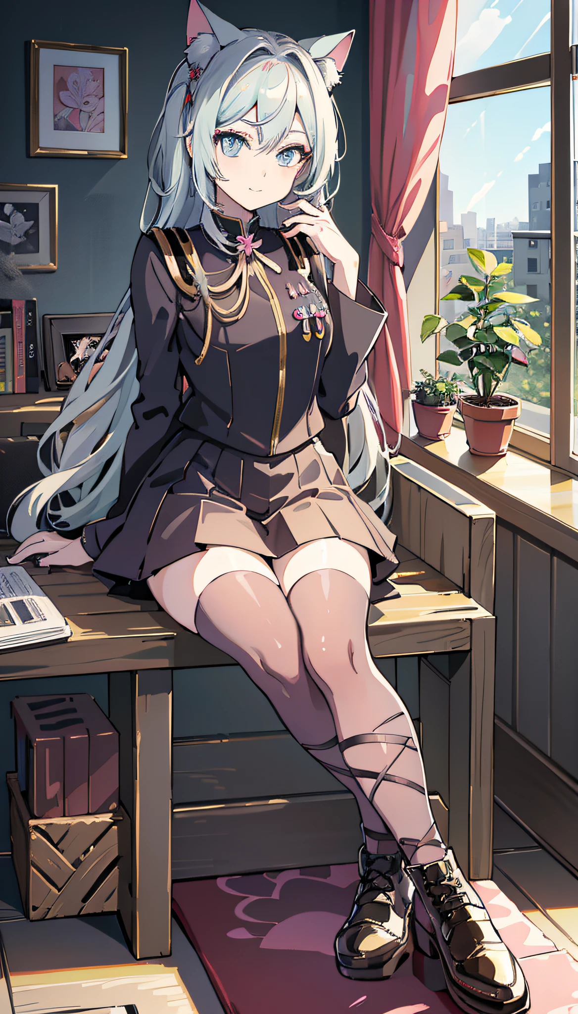 Colorful hair and colorful dress in anime ((cat-eared 1girl)),  school uniform pastel vivid, rossdraws cartoon vivid, anime style 4k, beautiful anime portrait, artgerm colorful!!!、! dream art germ, beautiful anime, cat ear 1girl, anime style digital art, anime art wallpaper 4k, anime art wallpaper 4k, digital anime art, highly detailed art germ, school uniform,  full body, sitting in her office, white hair, front view, smirking,