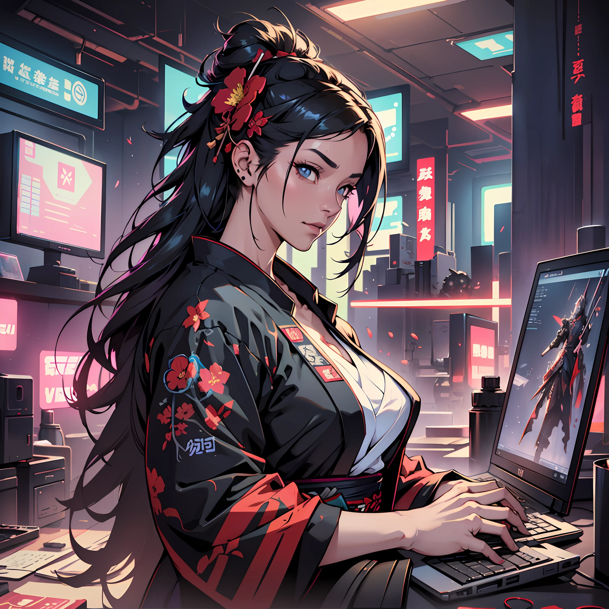 woman with a flower in her hair, holding a katana in her hands, working at a computer, making a presentation on a laptop, hacker, full body, tall body, hands, not many fingers, cyberpunk colors, cyberpunk style, cyberpunk geisha, cyberpunk photo, cyberpunk art style, professional concept art, realistic anime, perfect composition, bright brush, smooth, clear focus, illustration, ultra-detailed, intricate details, global illumination, oil on canvas, author Greg Rutkowski --auto --s2