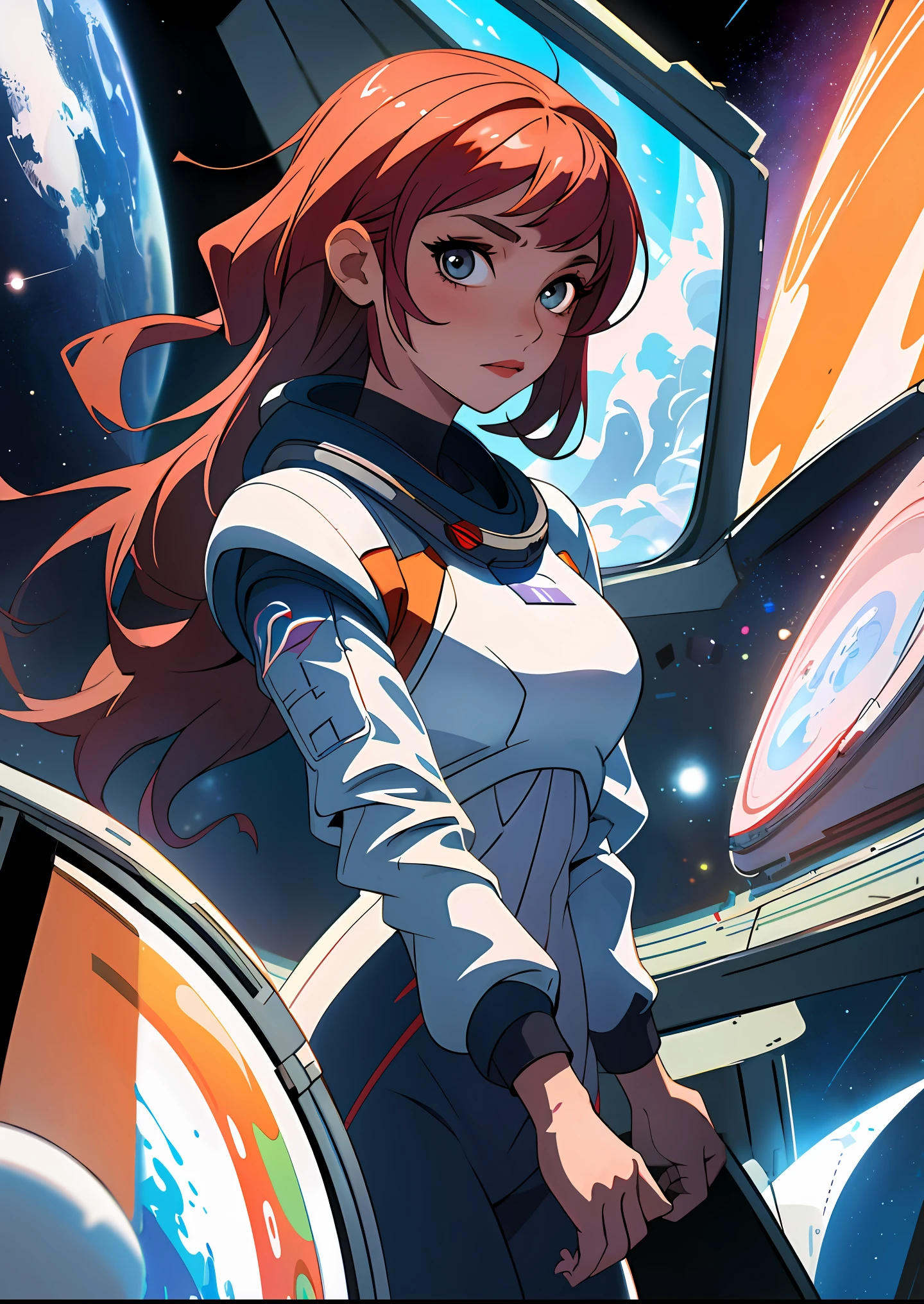 anime girl in space suit looking out of window at earth, portrait anime space cadet girl, girl in space, in space, detailed digital anime art, on space station, in spacesuit, in a space station, digital anime illustration, cushart, cushart krenz key art feminine, artgerm and atey ghailan, on a space station