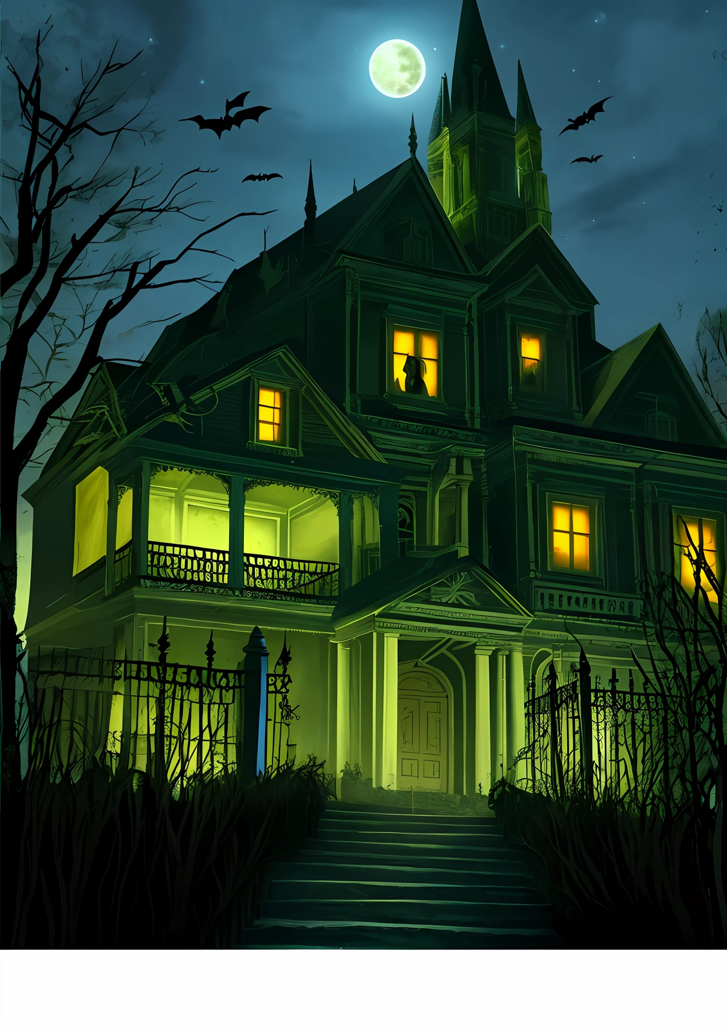 an exterior shot of a haunted house, night, halloween, spooky, mystical energy in the air, (night:1.5), full moon
