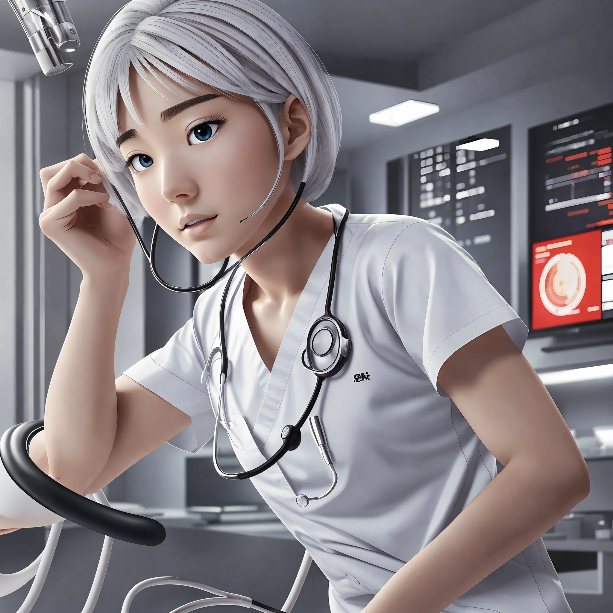 Japanese Animated Character (8k, Best Quality, Masterpiece: 1.2), (Realistic, Photorealistic: 1.37), Super Detail, 1 stethoscope, nurse, woman in short-sleeved lab coat underwear white t-shirt, 30s, short hair, hospital white clean exam room in background, dynamic lighting, art Station, poster, volumetric lighting, highly detailed face, 4 k, --auto --s2