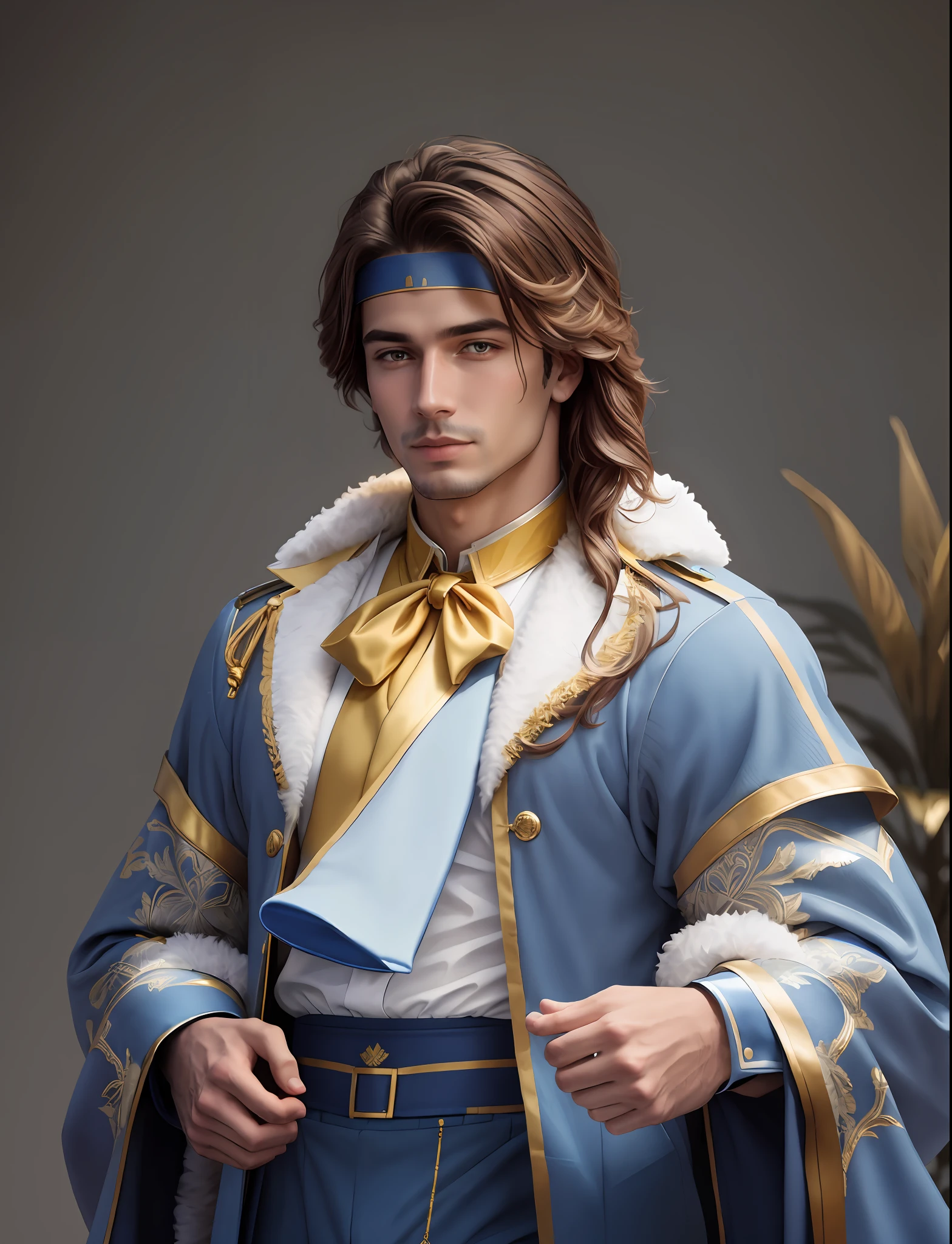 Close-up of a man in a blue-gold outfit