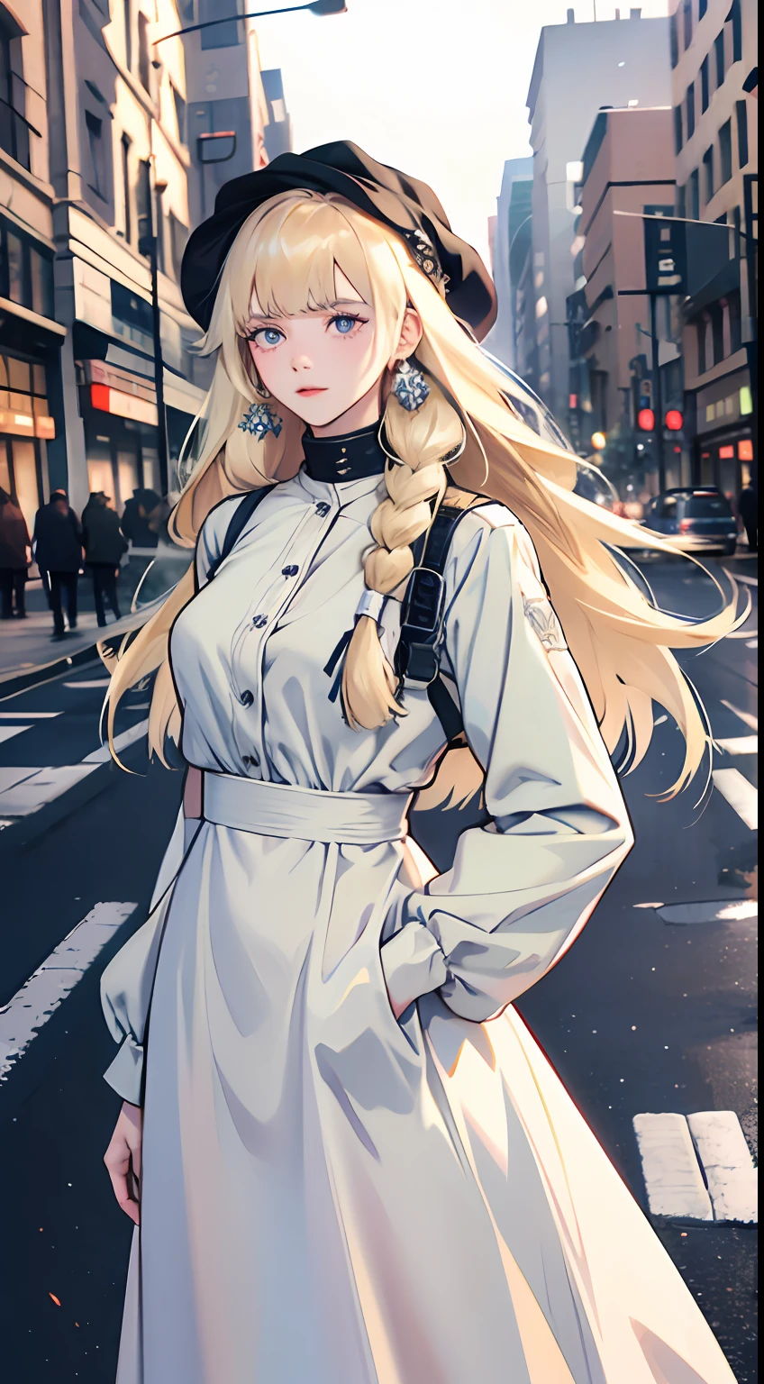 Young women 25 years old: 1.3, Long hair: 1.2, White long dress: 1.2, Daytime: 1.2, On the street: 1.2, cinematic lighting, surrealism, UHD, ccurate, super detail, textured skin, high detail, best quality, 8k