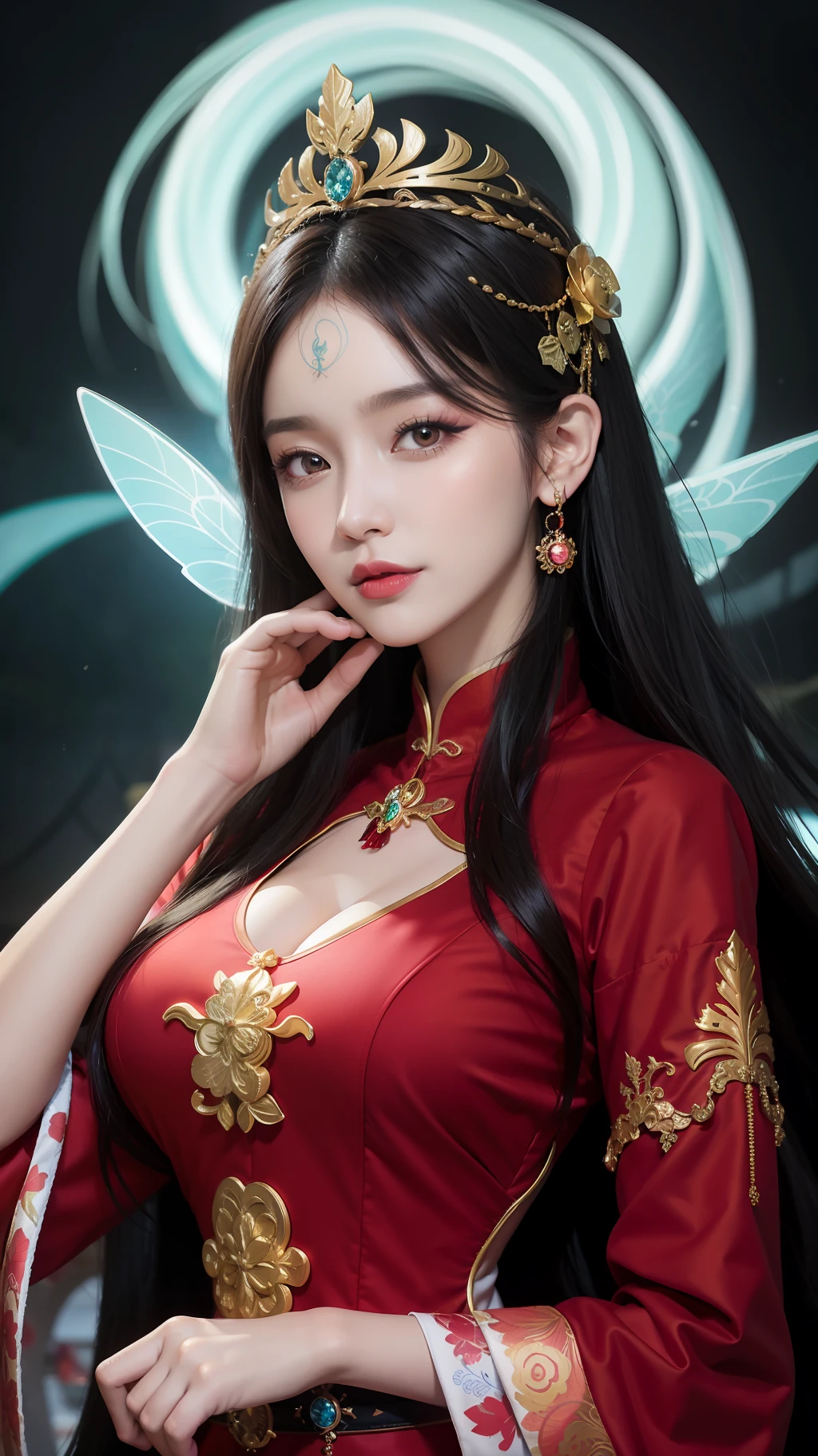 1 Beautiful fairy woman, In the Dark: 1.6), surreal female portrait by David Hockney and Alphonse Mucha, fantasy art, korea doll, photorealism, dynamic lighting, artstation, poster, volumetric lighting, very detailed faces, 8k ultra, all body, Awarded, in the dark, deep shadow, low key, cowboy lens, (Red phoenix dress: 1.4), long hair, black hair, bust, luxurious palace, Royal style,fairy woman crown, Big round black eyes, style Royal, The most beautiful face, big and regular breasts, Super realistic, chinese women's clothing, polo neck sweater, Charming smile, The eyes are very well made up, guweiz, hanfu, guweiz style artwork,loong, 1 hanfu style fantasy woman fairy, forehead tattoo,Wear jewelry on the coated,