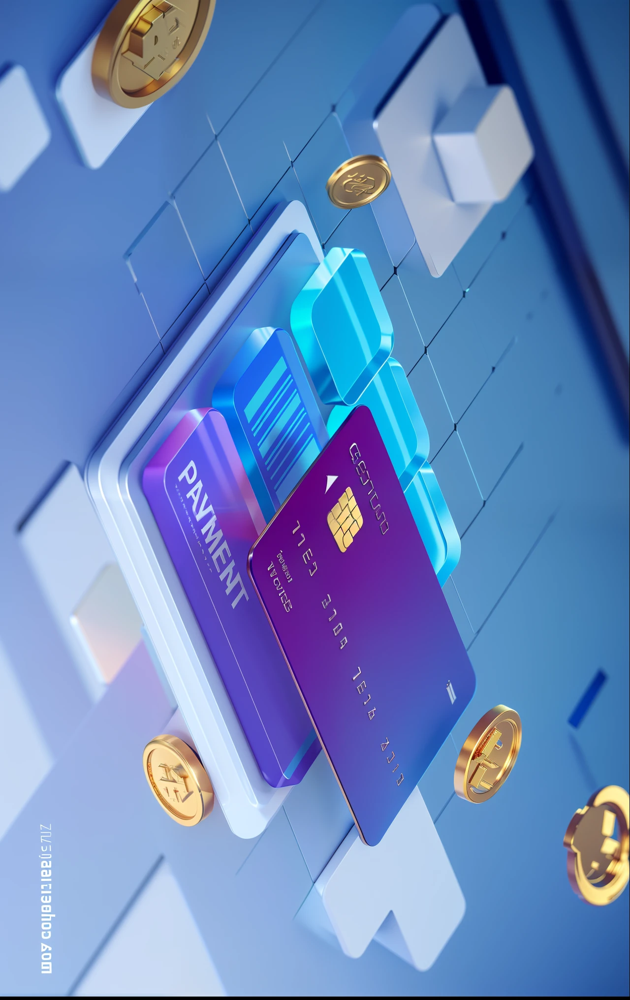 there are two credit cards and some gold coins flying around, depicted as a 3 d render, best on adobe stock, rendered in cinema 4 d, rendered in cinema4d, 3 d rendered in octane, 3d rendered in octane, ecommerce photograph, medium close shot, pair of keycards on table, detail shot, rendered in octane 3d, on a dark background