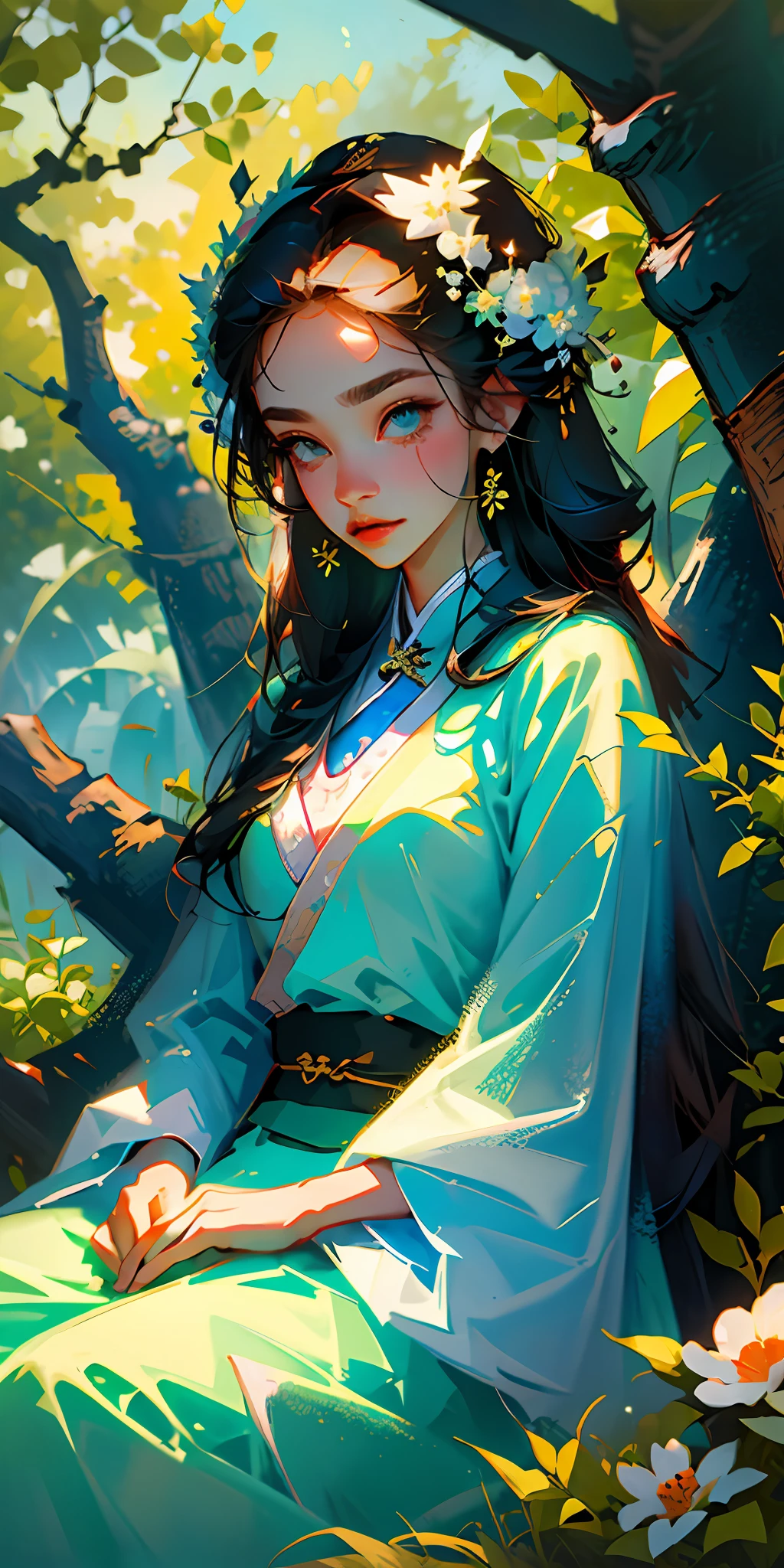(Masterpiece, best quality), 1 girl sitting in field of greenery and flowers, clear face, ancient Chinese costume, Hanfu, ancient hair ornament, jewelry, sunshine, epic composition, highest quality, 8K