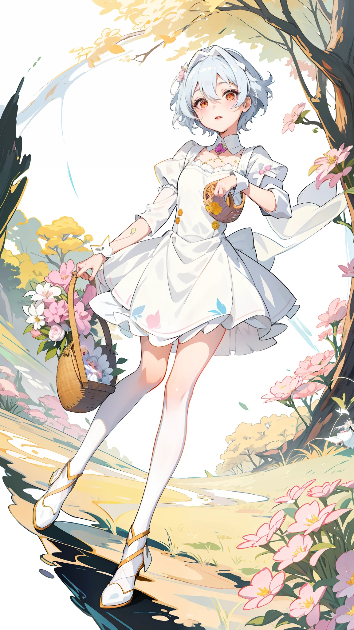 anime girl in white dress holding a basket of flowers, in dress, lolia maid in a magical forest, guweiz, pixiv style, official art, anime full body illustration, portrait of magical girl, the non-binary deity of spring, anime illustration, zerochan art, shoujo manga character design